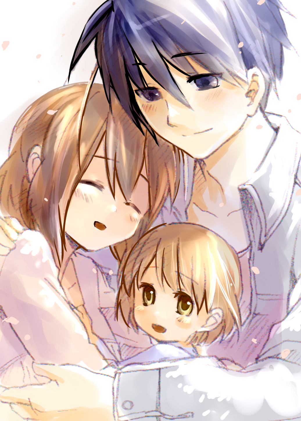 komota (mikebukuro), furukawa nagisa, okazaki tomoya, okazaki ushio, clannad, highres, 00s, 1boy, 2girls, blue eyes, blue hair, brown eyes, brown hair, child, family, husband and wife, multiple girls, short hair