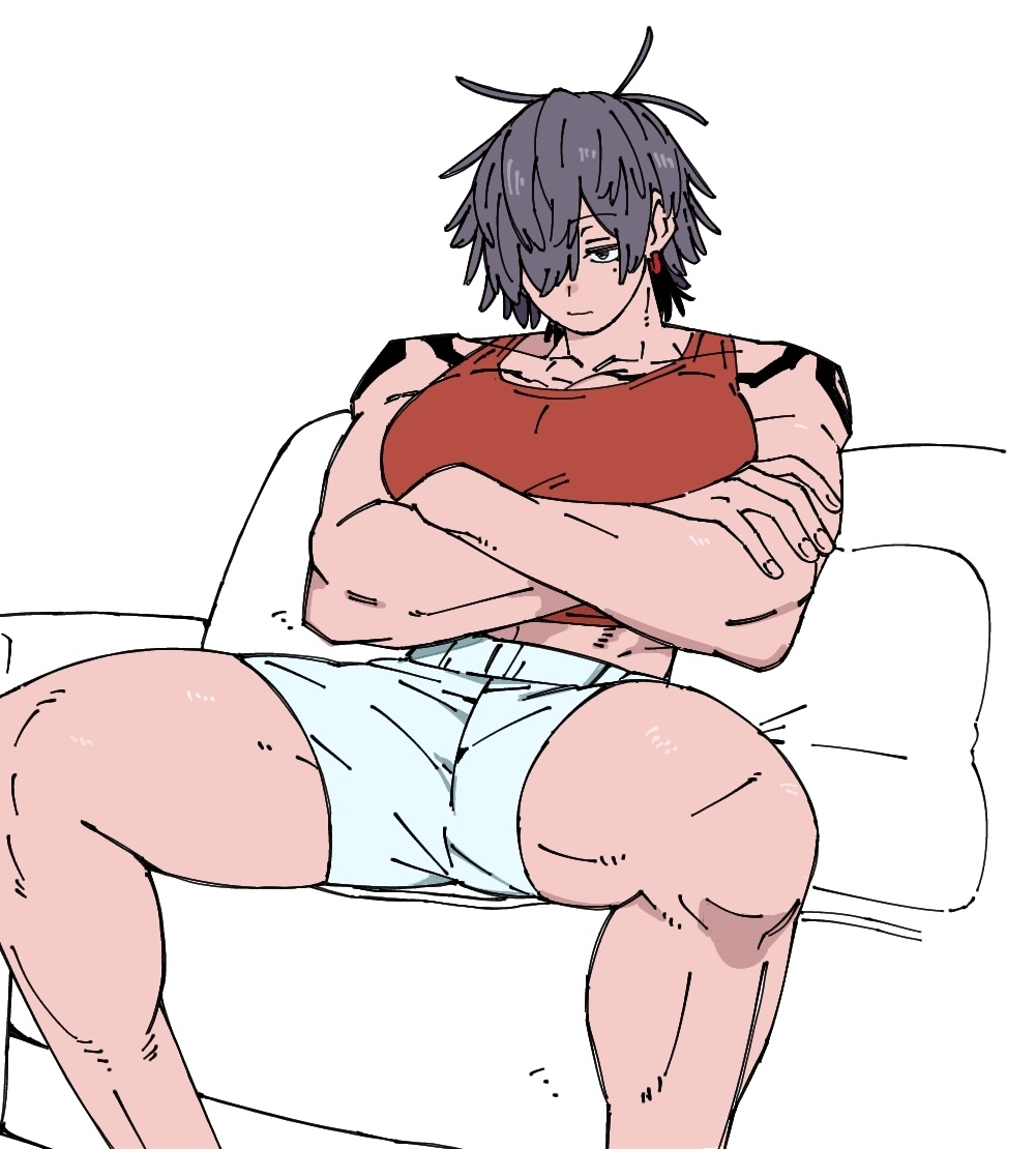 peke07777, kirima (peke07777), original, commentary, 1girl, abs, biceps, breasts, broad shoulders, brown hair, closed mouth, crossed arms, deltoids, hair over one eye, muscular, muscular female, obliques, red sports bra, short shorts, shorts, shoulder tattoo, sitting, smirk, solo, sports bra, spread legs, tall female, tattoo, thick thighs, thighs