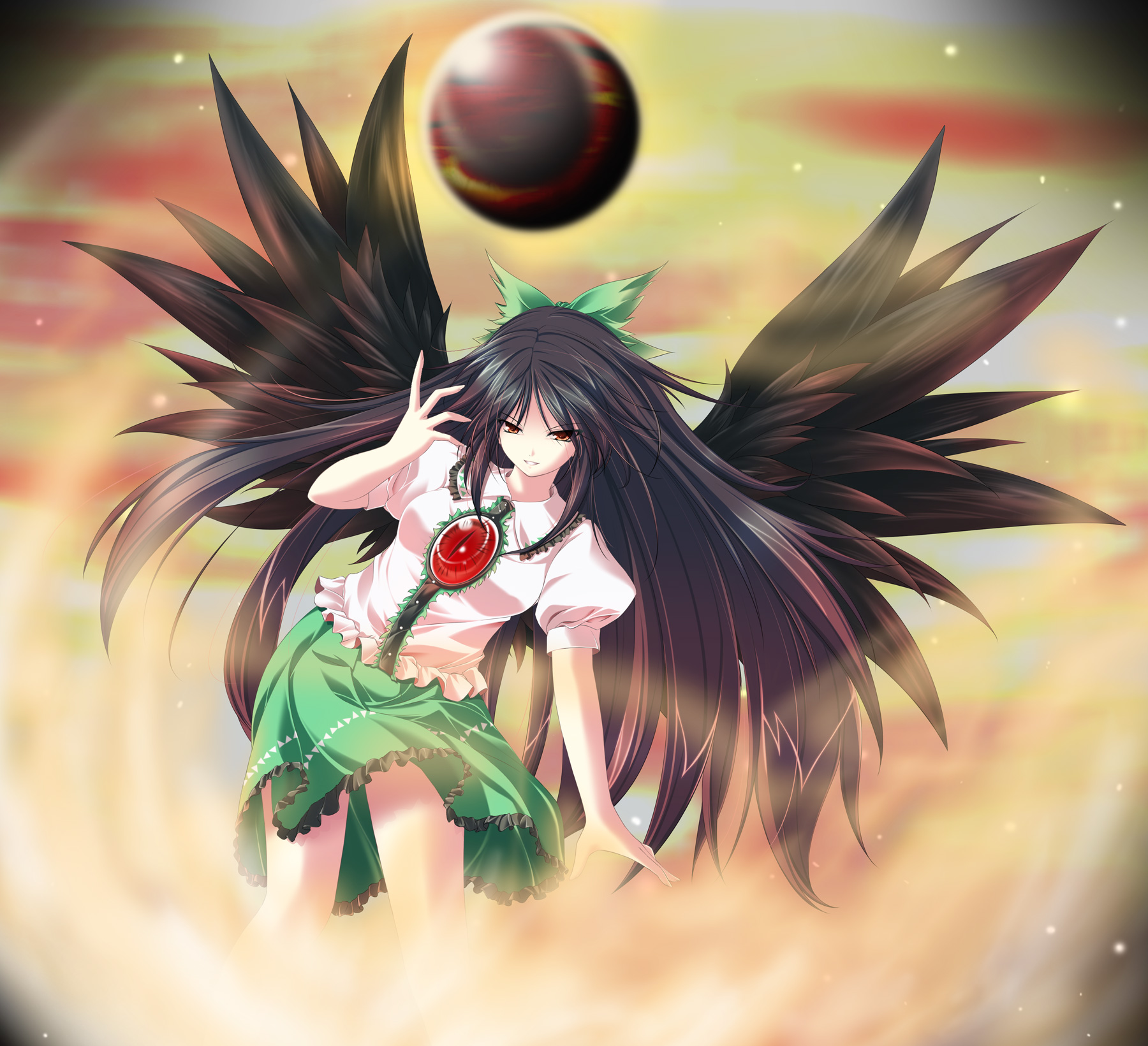 amicis, reiuji utsuho, touhou, highres, 1girl, black hair, bow, cape, female focus, hair bow, long hair, orange eyes, skirt, solo, very long hair, wings