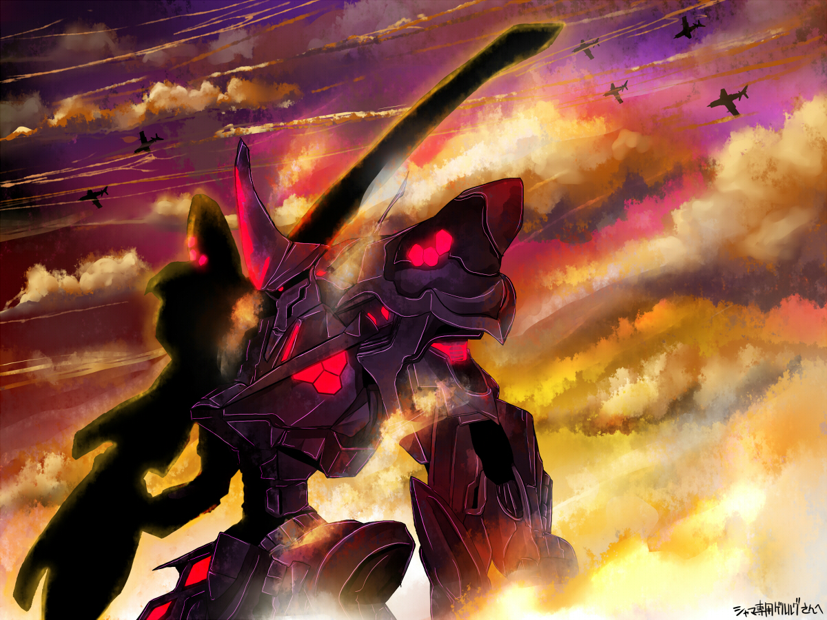 shinta (artist), tokoroten (hmmuk), takemikaduchi, type 00 takemikazuchi, muv-luv, jet, bad id, bad pixiv id, aircraft, airplane, cloud, mecha, mecha focus, no humans, robot, sky, tactical surface fighter, type-00r takemizakuchi