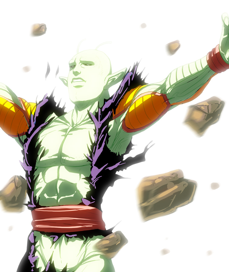 kouno (masao), piccolo, dragon ball, dragonball z, kuso miso technique, bad id, bad pixiv id, commentary, 1boy, colored skin, green skin, male focus, parody, rock, solo, torn clothes