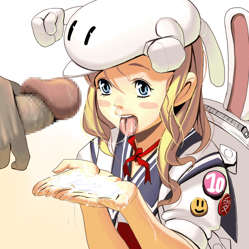 kouno (masao), bad id, bad pixiv id, 1girl, backpack, bag, blonde hair, blue eyes, censored, cum, cum in mouth, cum in nose, cum on body, cum on hands, cum on tongue, cum on upper body, cum string, cupping hands, nose bubble, own hands together, penis, randoseru, smiley face, solo focus, tongue
