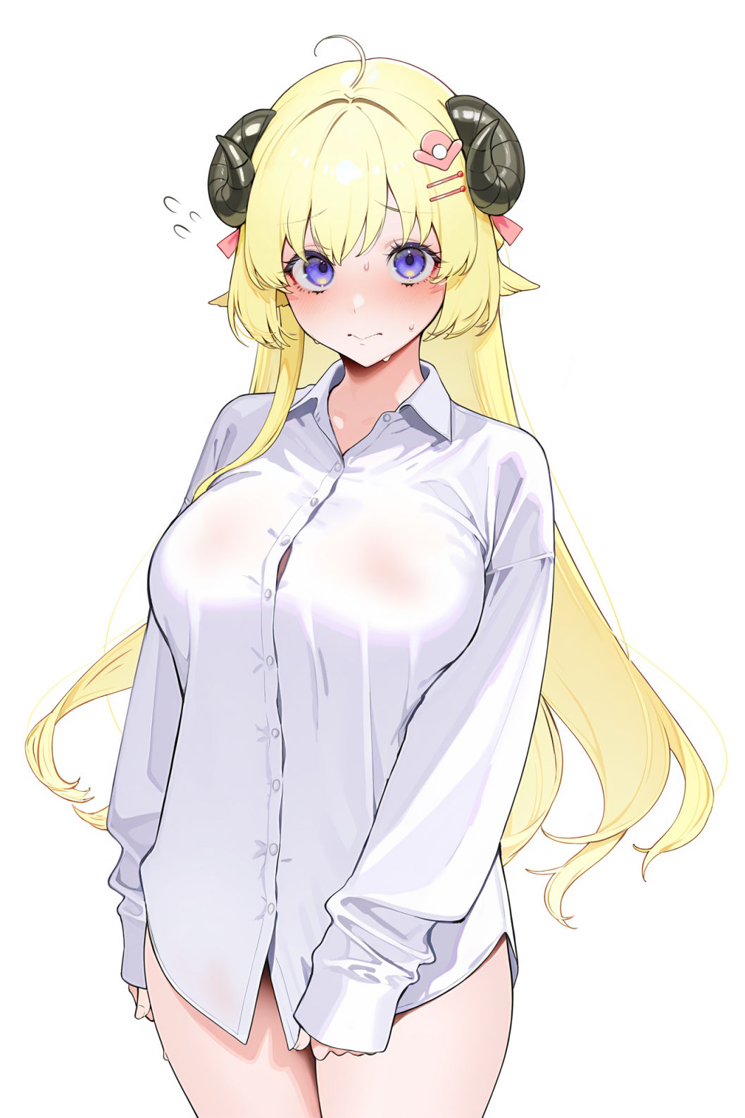 free (user uckj7347), tsunomaki watame, hololive, commentary request, highres, 1girl, ahoge, animal ears, blonde hair, blush, bottomless, breasts, closed mouth, collared shirt, cowboy shot, dress shirt, flying sweatdrops, hair ornament, hairclip, horns, large breasts, long hair, long sleeves, looking at viewer, naked shirt, parallel hairclips, purple eyes, sheep ears, sheep girl, sheep horns, shirt, simple background, sleeves past wrists, solo, standing, sweat, virtual youtuber, white background, white shirt