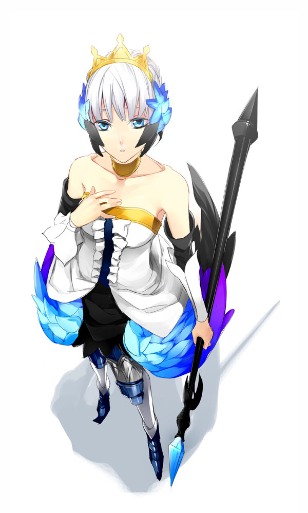 izumi (nagashi), gwendolyn (odin sphere), odin sphere, bad id, bad pixiv id, 1girl, armor, armored dress, blue eyes, crown, dress, female focus, hair ornament, looking up, multicolored hair, multicolored wings, polearm, pteruges, solo, spear, strapless, strapless dress, weapon, white hair, wings