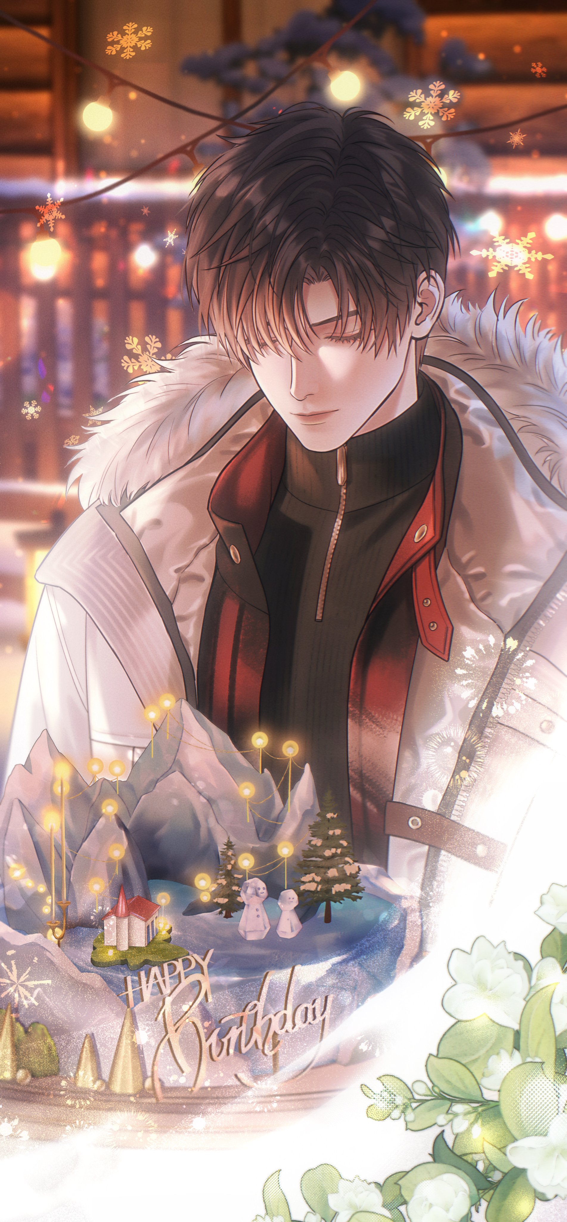 zayne (love and deepspace), love and deepspace, absurdres, commentary request, highres, birthday, birthday cake, black shirt, cake, closed eyes, clowndao, food, fur-trimmed jacket, fur trim, happy birthday, jacket, mini snowman, open clothes, open jacket, shirt, snowflakes, snowing, white jacket