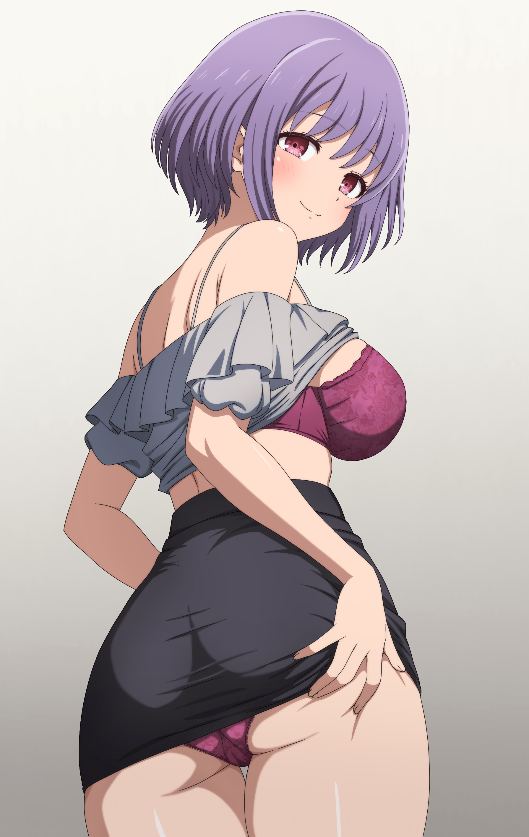 noshimurin, yuutenji nyamu, bang dream!, bang dream! it's mygo!!!!!, absurdres, commentary request, highres, 1girl, ass, black skirt, bra, breasts, closed mouth, clothes lift, gradient background, grey hair, grey shirt, large breasts, panties, pink eyes, purple bra, purple hair, purple panties, shirt, shirt lift, short hair, short sleeves, skirt, skirt lift, solo, underwear