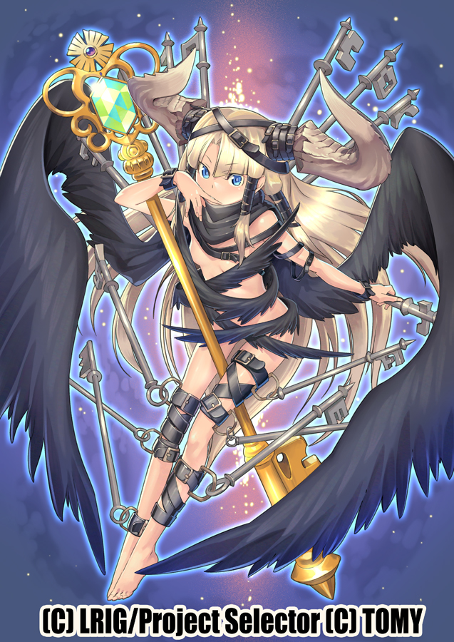 ishibashi yosuke, umr (wixoss), wixoss, commentary request, official art, 1girl, barefoot, black wings, blonde hair, blue eyes, breasts, copyright notice, holding, holding key, key, looking at viewer, navel, revealing clothes, small breasts, solo, two side up, wings