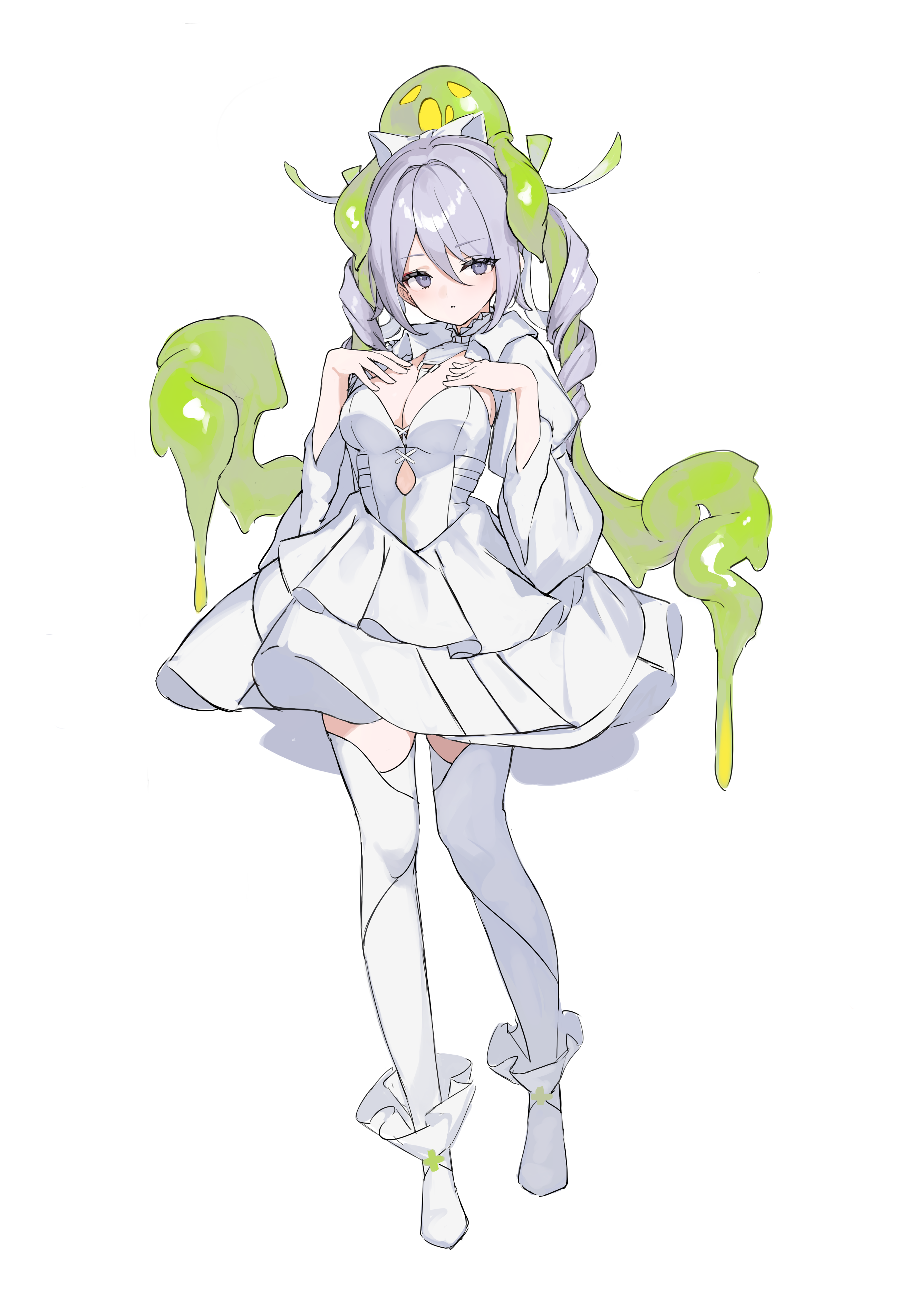 shiro wa (shiroshironix), original, absurdres, commentary request, highres, 1girl, ankle boots, between breasts, boots, bow, breasts, cleavage, collar, creature on head, dress, drill hair, frilled collar, frills, full body, grey eyes, grey hair, hair between eyes, hair bow, hands up, large breasts, long hair, long sleeves, parted lips, slime (creature), standing, thighhighs, twin drills, white boots, white bow, white dress, white thighhighs, wide sleeves