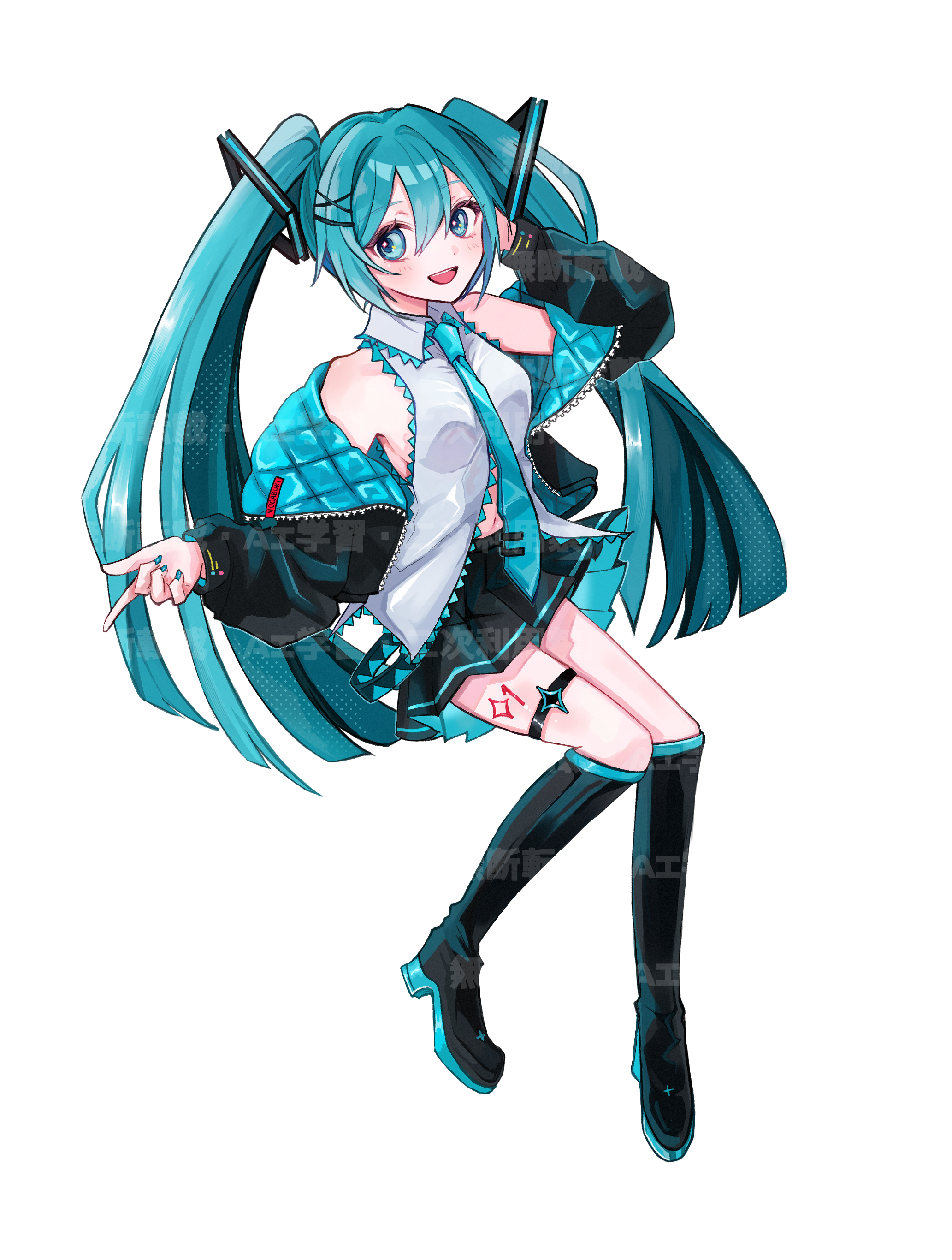 nekokan (awao o), hatsune miku, vocaloid, absurdres, commentary request, highres, 1girl, aqua eyes, aqua hair, aqua nails, aqua necktie, aqua trim, black jacket, black skirt, blush, breasts, collared shirt, grey shirt, hair between eyes, hair ornament, jacket, leg tattoo, long hair, long sleeves, looking at viewer, medium breasts, miniskirt, navel, necktie, number tattoo, open mouth, pleated skirt, shirt, simple background, skirt, sleeveless, sleeveless shirt, smile, solo, tattoo, thigh strap, twintails, very long hair, white background, wide sleeves