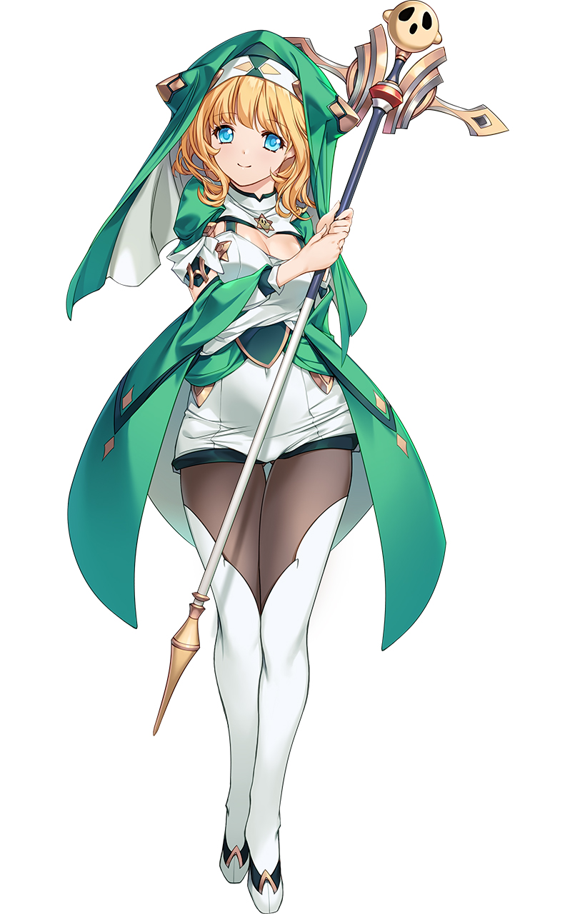 min-naraken, hanny, choukou (alicesoft), choukou taisen escalation heroines, highres, official art, 1girl, blonde hair, blue eyes, breasts, cleavage, full body, holding, holding staff, looking at viewer, medium breasts, minazuki hanii, nun, priestess, short hair, smile, staff, tachi-e