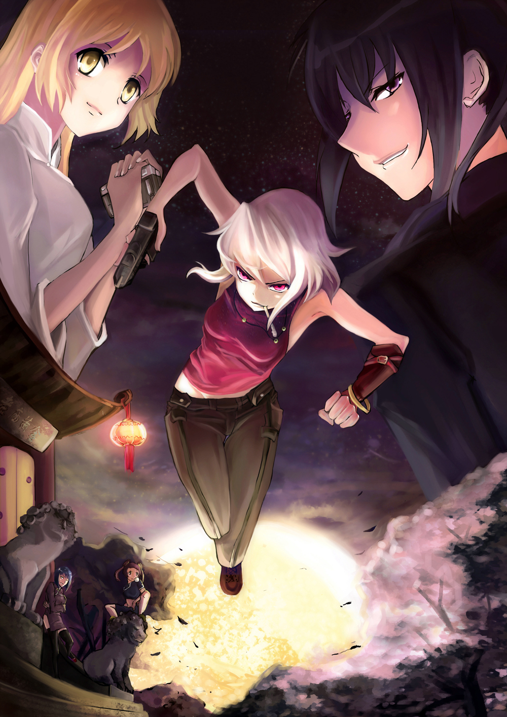 kio sayuki, alphard (canaan), canaan (character), liang qi, oosawa maria, yunyun (canaan), 428, 428: fuusa sareta shibuya de, canaan (series), chunsoft, highres, 5girls, black hair, blonde hair, bracelet, cherry blossoms, female focus, foreshortening, gun, jewelry, jumping, midriff, mouth hold, multiple girls, nature, outdoors, pink eyes, short hair, sky, sleeveless, statue, tomboy, weapon, white hair, yellow eyes