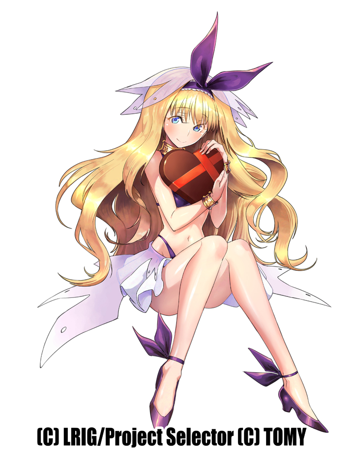 ishibashi yosuke, remember (wixoss), wixoss, commentary request, official art, 1girl, bikini, blonde hair, blue eyes, blush, box, box of chocolates, closed mouth, copyright notice, headband, heart-shaped box, high heels, holding, holding box, long hair, looking at viewer, purple bikini, purple headband, purple shoes, shoes, smile, solo, swimsuit, very long hair, white background