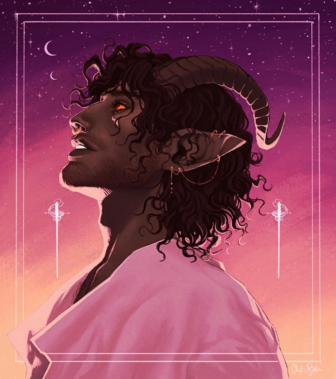 arcanegold, tiefling, dungeons & dragons, original, commentary, english commentary, highres, 1boy, backlighting, beard stubble, border, brown hair, colored sclera, colored skin, crescent, curly hair, demon boy, demon horns, ear piercing, evening, eyelashes, facial hair, fantasy, from side, gold piercing, gradient background, green skin, horns, inset border, looking up, outside border, parted lips, piercing, pointy ears, profile, realistic, red eyes, ring piercing, shirt, short hair, signature, skin-covered horns, sky, star (sky), starry sky, stubble, teeth, upper body, vincent obra (arcanegold), white border, white shirt, yellow sclera