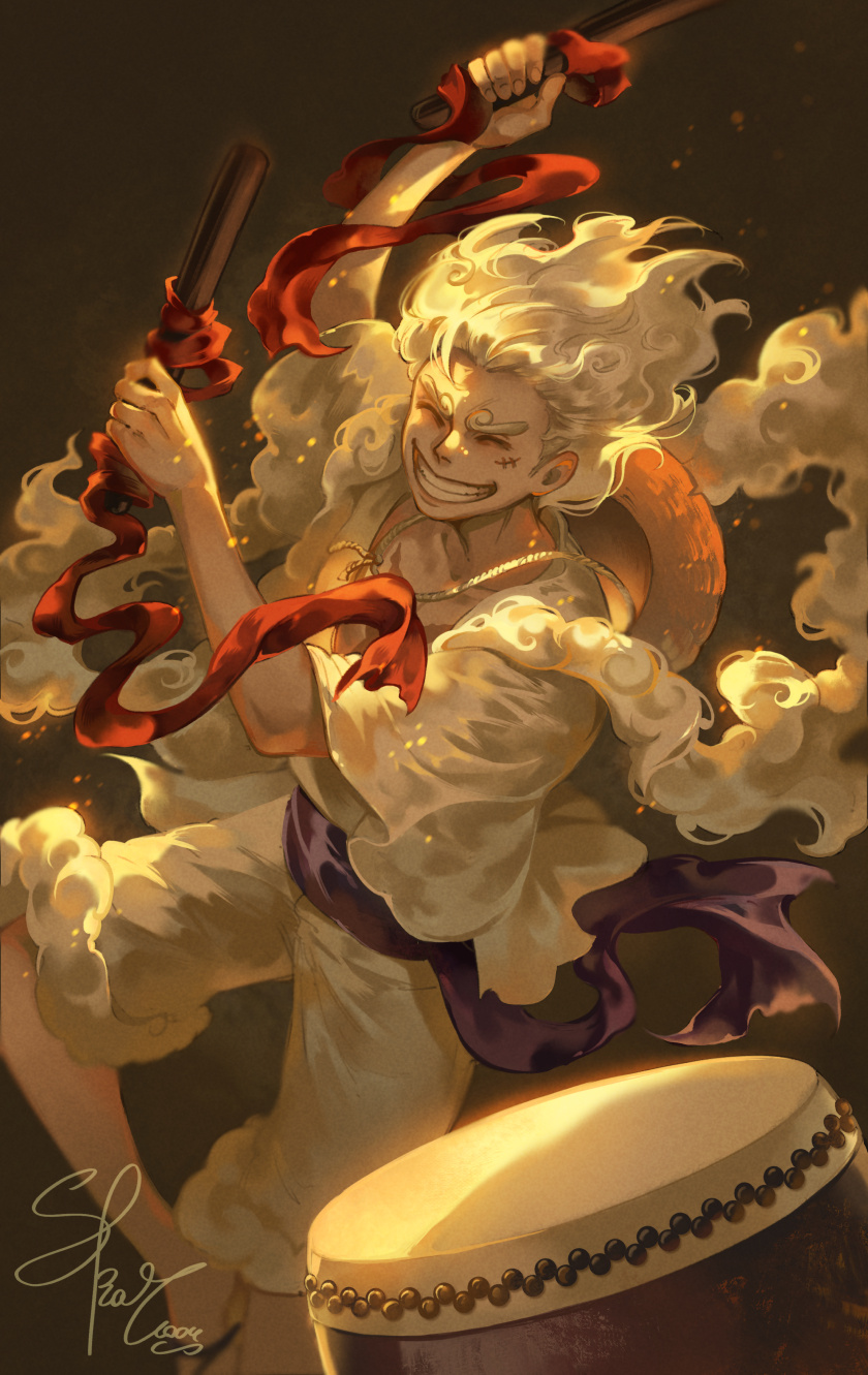 skar 1004, monkey d. luffy, one piece, commentary, english commentary, highres, 1boy, ^ ^, clenched teeth, closed eyes, drum, gear fifth, hagoromo, hair up, hat, holding, instrument, male focus, purple sash, red ribbon, ribbon, sash, scar, scar on face, shawl, shirt, shorts, signature, solo, straw hat, teeth, thick eyebrows, white hair, white shirt, white shorts