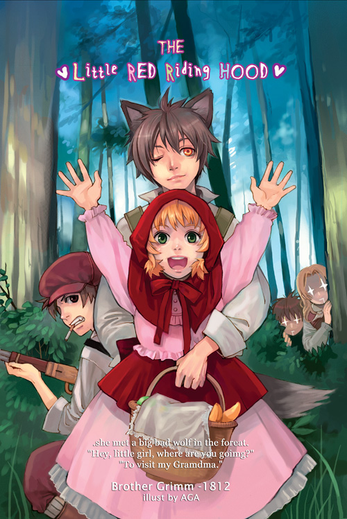 agasang, big bad wolf, hunter (little red riding hood), little red riding hood (fairy tale character), hansel and gretel, little red riding hood (fairy tale), + +, 1girl, 4boys, animal ears, basket, blonde hair, child, cigarette, dress, forest, gun, happy, hat, hood, multiple boys, nature, one eye closed, petticoat, ribbon, rifle, tail, typo, weapon, wink, wolf ears, wolf tail