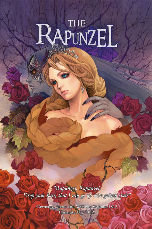 agasang, rapunzel (fairy tale character), rapunzel (fairy tale), 2girls, ||/, blonde hair, blue eyes, braid, crown, english text, engrish text, flower, forest, head tilt, lipstick, long hair, makeup, mask, multiple girls, nature, night, princess, ranguage, rose, single braid, very long hair, witch