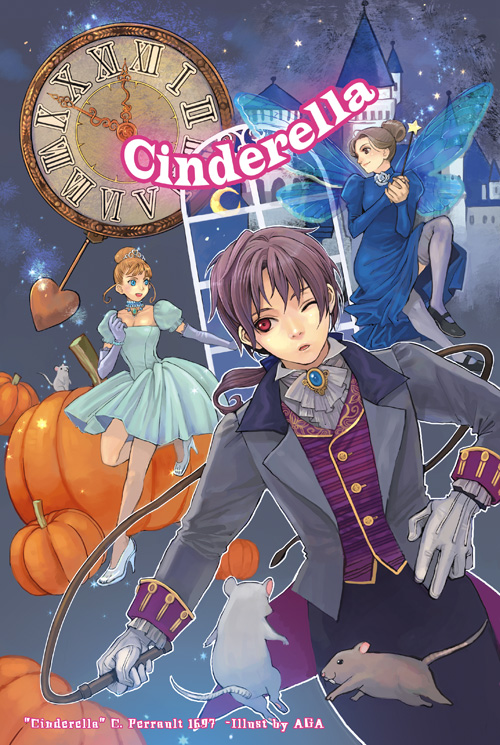 agasang, cinderella (fairy tale character), cinderella (fairy tale), 1boy, 2girls, castle, clock, dress, fairy, heart, high heels, mouse (animal), multiple girls, prince, princess, pumpkin, roman numeral, shoes, thighhighs, wand, whip