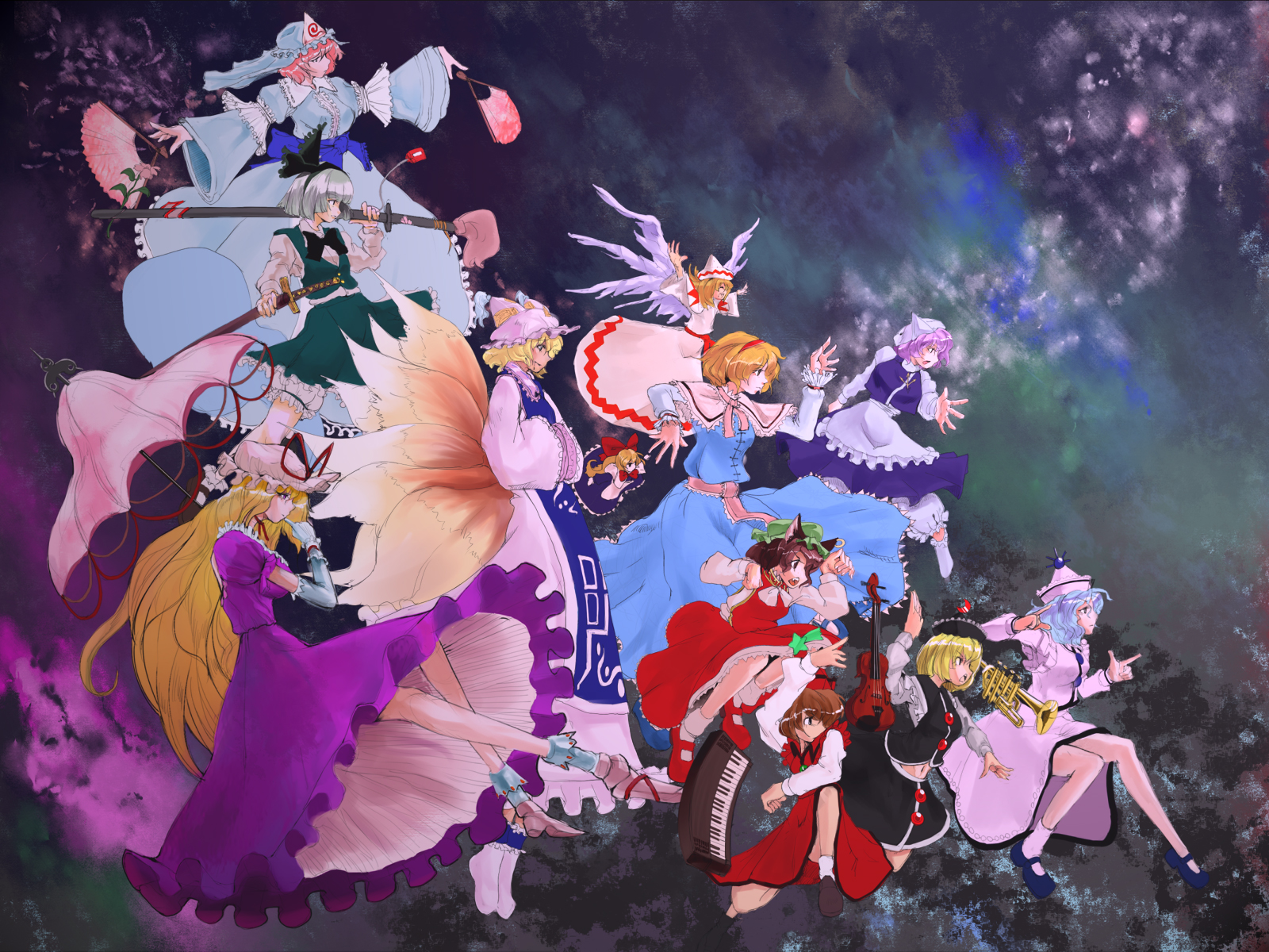 makoto toku, miatsushi, alice margatroid, chen, konpaku youmu, letty whiterock, lily white, lunasa prismriver, lyrica prismriver, merlin prismriver, saigyouji yuyuko, yakumo ran, yakumo yukari, perfect cherry blossom, touhou, bad id, bad pixiv id, highres, 6+girls, animal hat, blonde hair, female focus, hand fan, hands in opposite sleeves, hat, long hair, long sleeves, mob cap, multiple girls, multiple tails, parasol, puffy short sleeves, puffy sleeves, shoes, short hair, short sleeves, socks, sword, tail, tassel, umbrella, weapon, wide sleeves