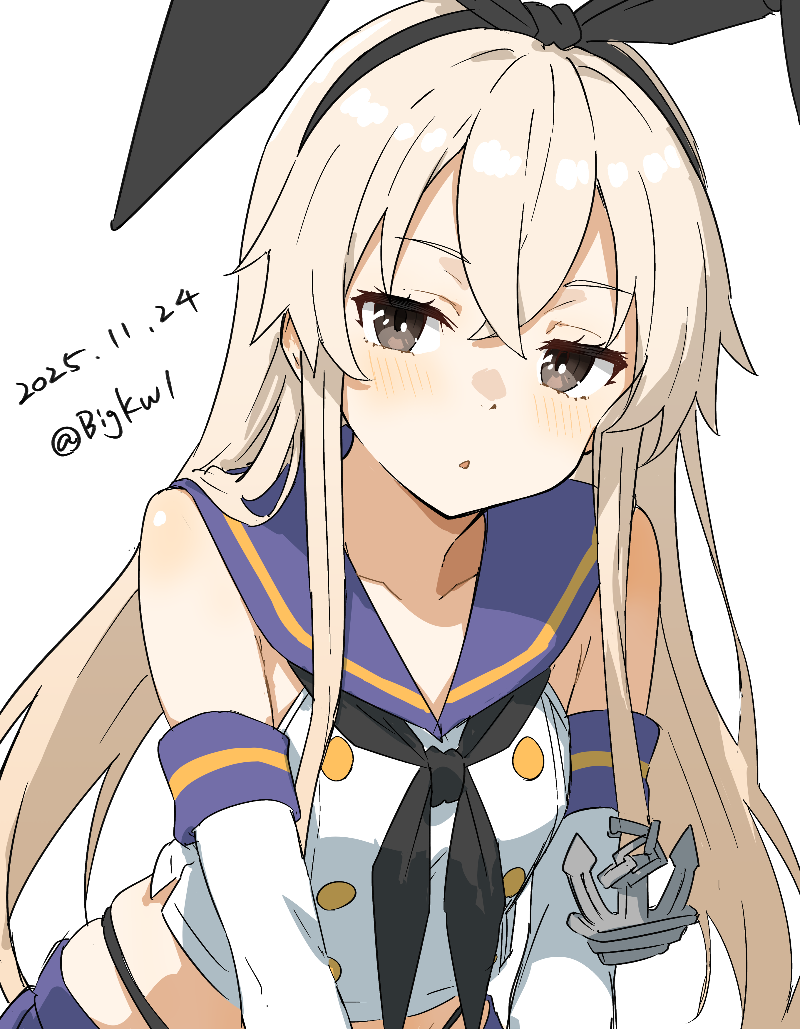 bigkwl, shimakaze (kancolle), kantai collection, absurdres, commentary, highres, 1girl, bare shoulders, black hairband, black neckerchief, black panties, blonde hair, blue sailor collar, blue skirt, blush, brown eyes, buttons, dated, dated commentary, double-breasted, elbow gloves, gloves, hair between eyes, hairband, highleg, highleg panties, long hair, looking at viewer, neckerchief, one-hour drawing challenge, open mouth, panties, sailor collar, shirt, simple background, skirt, sleeveless, sleeveless shirt, solo, twitter username, underwear, upper body, white background, white gloves, white shirt