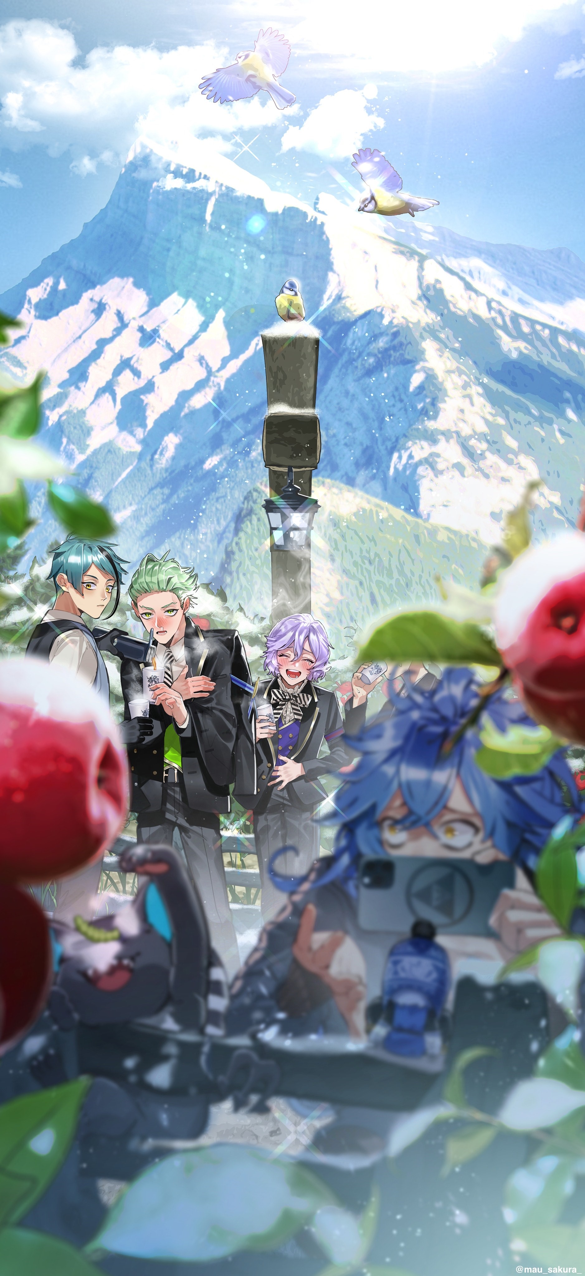mau sakura, epel felmier, grim (twisted wonderland), idia shroud, jade leech, sebek zigvolt, twisted wonderland, absurdres, commentary request, highres, 5boys, :d, ^ ^, ahoge, animal, apple, aqua hair, bag, bird, black hair, black jacket, black pants, black vest, blue hair, blue sky, blurry, blurry foreground, blush, bottle, bow, bowtie, can, closed eyes, closed mouth, cloud, collared shirt, creature, crossed bangs, cup, day, depth of field, drinking, fence, food, fruit, green eyes, green hair, green vest, hair between eyes, holding, holding bottle, holding can, holding cup, holding phone, jacket, jewelry, lamppost, leaf, light particles, long hair, long sleeves, looking at another, looking at viewer, male focus, mountain, mountainous horizon, multicolored hair, multiple boys, necktie, open mouth, outdoors, pants, phone, purple hair, purple vest, scenery, school uniform, shirt, shoes, short hair, sky, smile, snow, sparkle, squatting, standing, steam, streaked hair, striped bow, striped bowtie, striped clothes, striped necktie, sunlight, taking picture, tree, twitter username, vest, water bottle, white shirt, wide shot, winter, yellow eyes