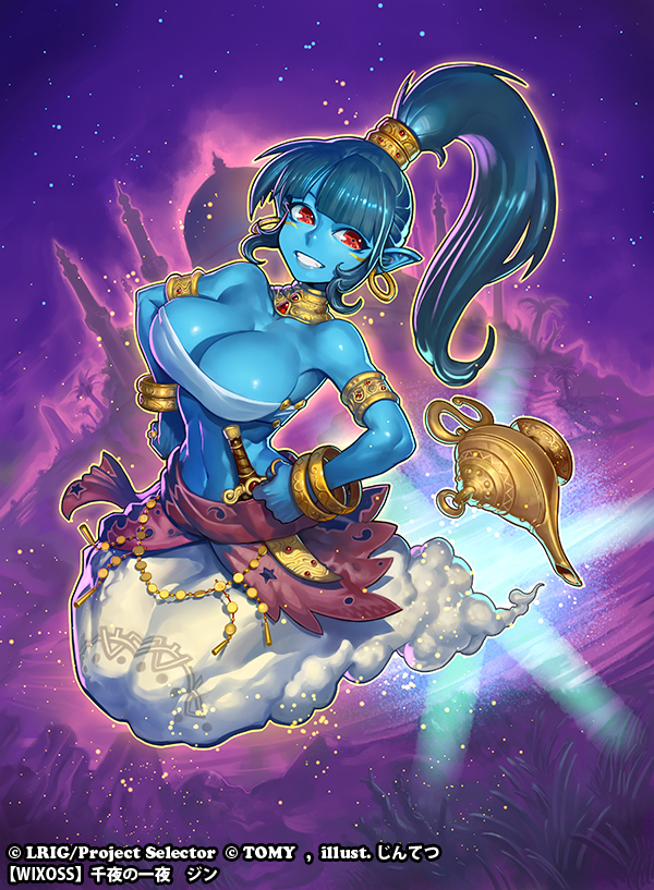 jintetsu, wixoss, commentary request, official art, 1girl, blue hair, blue skin, breasts, cleavage, colored skin, copyright notice, djinn (wixoss), hand on own hip, large breasts, long hair, looking at viewer, oil lamp, pants, pointy ears, ponytail, red eyes, solo, strapless, tube top, white pants, white tube top