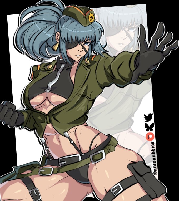 antonubbies, leona heidern, snk, snk heroines: tag team frenzy, the king of fighters, abs, artist name, beret, black gloves, blue eyes, blue hair, breasts, eyepatch, gloves, hat, holster, muscular, muscular female, navel, official alternate costume, suspenders, thigh holster, thong, twitter username, underboob, underwear
