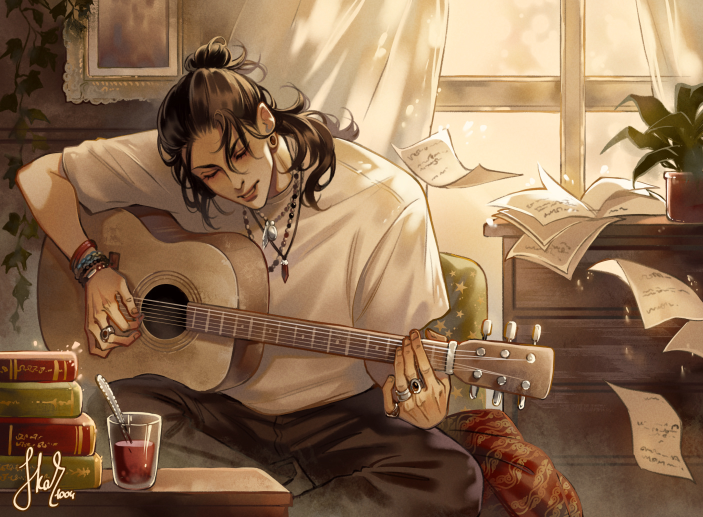 skar 1004, getou suguru, jujutsu kaisen, commentary, 1boy, black hair, bracelet, closed eyes, falling paper, guitar, hair bun, half updo, holding, holding guitar, holding instrument, indoors, instrument, jewelry, male focus, necklace, paper, parted lips, ring, shirt, solo, spoon, t-shirt, white shirt