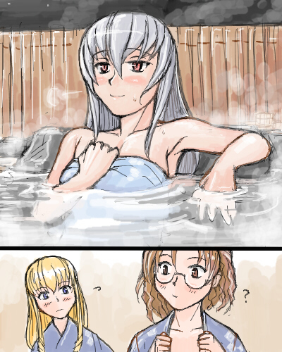 tsuda nanafushi, sakurada nori, shinku, suigintou, rozen maiden, silver hair, lowres, 00s, ?, aged up, blonde hair, blue eyes, brown eyes, brown hair, glasses, onsen, red eyes, short hair