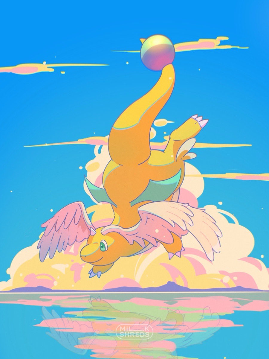 milkshreds, dragonite, mega dragonite, nintendo, pokemon, pokemon legends: z-a, commentary, highres, symbol-only commentary, blue sky, claws, closed mouth, cloud, colored skin, dragon, feathered wings, flying, full body, gen 1 pokemon, green eyes, head wings, horns, leg wings, mega pokemon, no humans, ocean, orange skin, pokemon (creature), pokemon focus, reflection, reflective liquid, single horn, sky, smile, solo, tail, water, wings