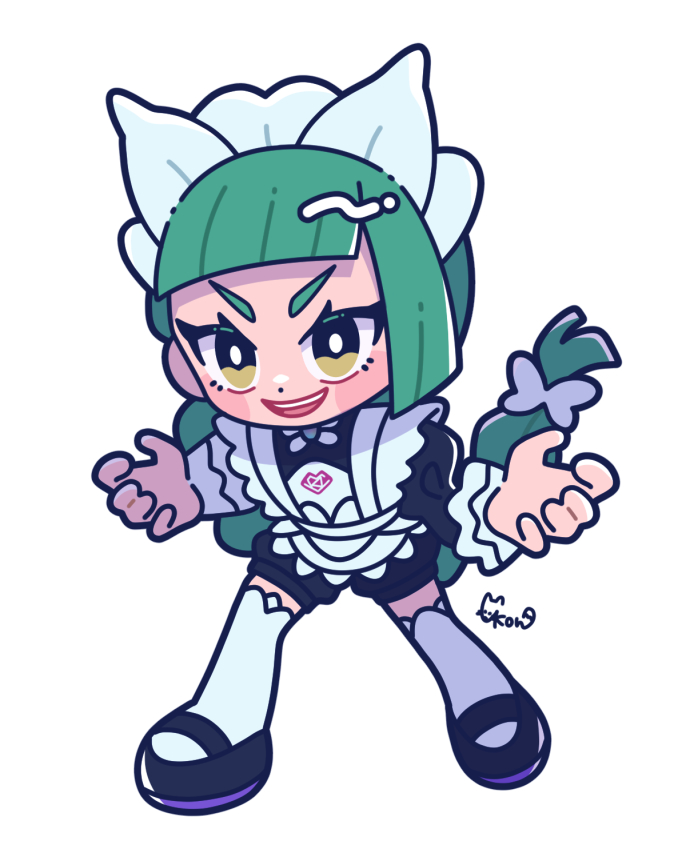 lebanne (pokemon), nintendo, pokemon, pokemon legends: z-a, commentary request, 1girl, apron, black romper, blunt bangs, blush, bow, bowtie, braid, braided ponytail, brown eyes, chibi, full body, green hair, juliet sleeves, long braid, long hair, long sleeves, maid, maid apron, maid headdress, mega stone, open mouth, puffy sleeves, romper, simple background, smile, solo, teeth, thighhighs, tsurime, upper teeth only, white background, white bow, white bowtie, white thighhighs, wtnkkon