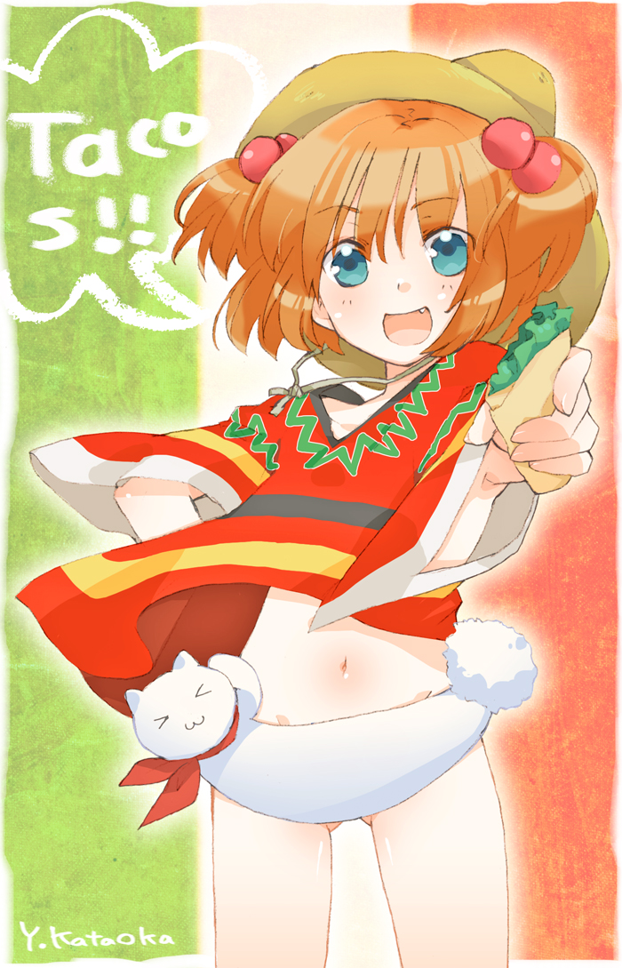 tsumura chita, kataoka yuuki, saki (manga), bad id, bad pixiv id, > <, 00s, 1girl, :3, artist name, blue eyes, bottomless, brown hair, cat, closed eyes, fang, female focus, flag, hair bobbles, hair ornament, hat, mexican flag, mexico, navel, open mouth, orange hair, poncho, short hair, short twintails, solo, sombrero, spanish text, taco, twintails, two side up, x3
