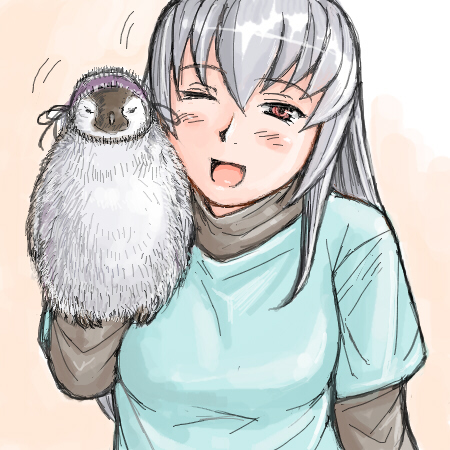 tsuda nanafushi, pengintou, suigintou, rozen maiden, silver hair, lowres, 00s, aged up, bird, casual, hand puppet, one eye closed, penguin, puppet, red eyes, solo, wink