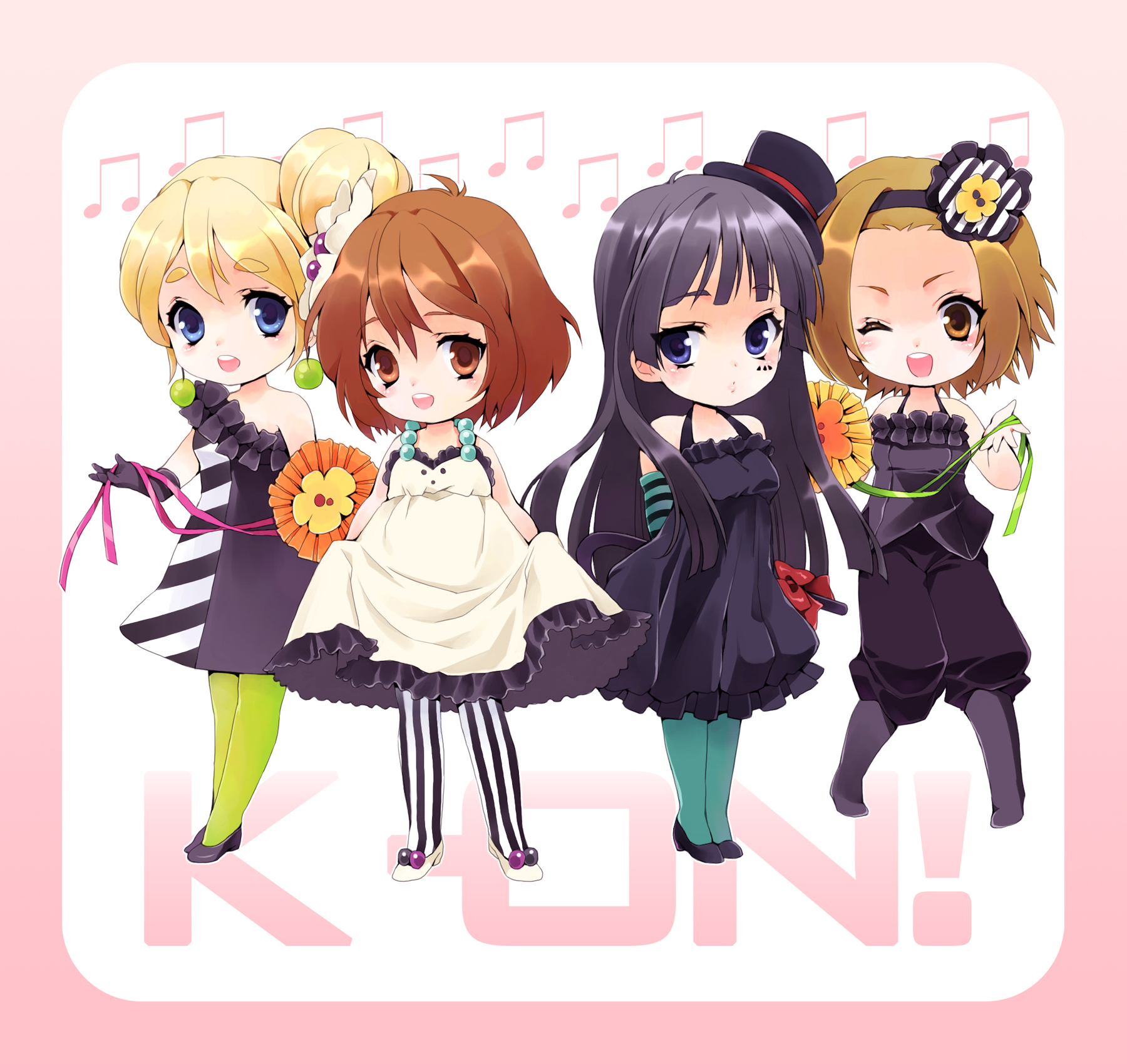 leeori, akiyama mio, hirasawa yui, kotobuki tsumugi, tainaka ritsu, don't say "lazy", k-on!, black legwear, blue legwear, striped legwear, vertical-striped legwear, highres, 00s, 4girls, aqua pantyhose, bare shoulders, black hair, blonde hair, blue eyes, blunt bangs, brown eyes, brown hair, cane, chibi, dress, earrings, elbow gloves, facepaint, gloves, green pantyhose, hair bun, hair ornament, hair up, hairband, hat, hime cut, ho-kago tea time, jewelry, long hair, mini hat, mini top hat, multiple girls, one eye closed, pantyhose, ribbon, short hair, single hair bun, smile, striped clothes, striped pantyhose, top hat, vertical-striped clothes, vertical-striped pantyhose, wink