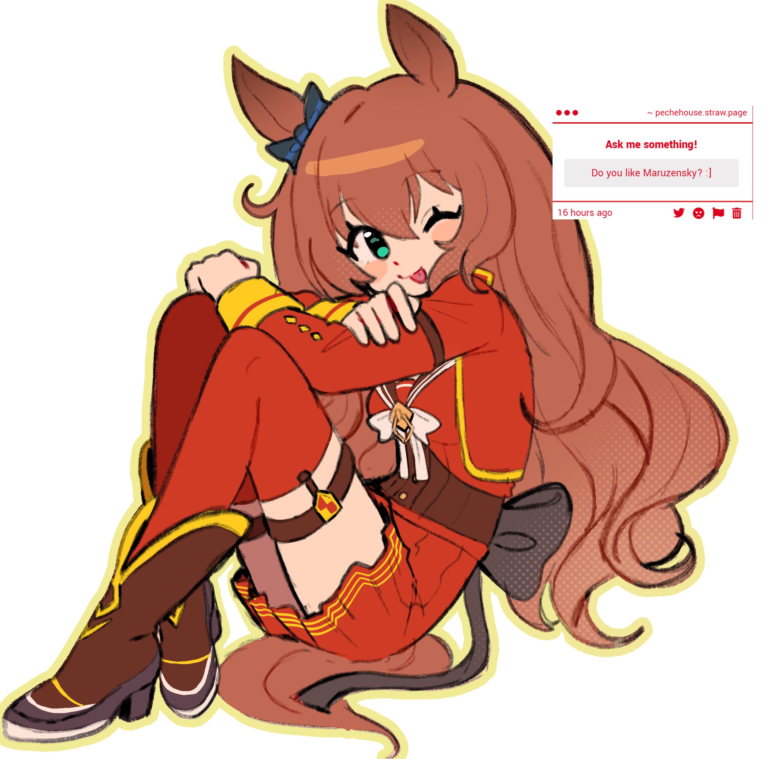 maruzensky (formula r) (umamusume), maruzensky (umamusume), umamusume, absurdres, commentary, english commentary, highres, 1girl, animal ears, blue bow, blue eyes, blush, boots, bow, breasts, brown boots, brown hair, brown sailor collar, cropped jacket, ear bow, green eyes, hair between eyes, horse ears, horse girl, horse tail, jacket, long hair, long sleeves, looking at viewer, medium breasts, one eye closed, pechehouse, red jacket, red serafuku, red shirt, red skirt, red thighhighs, sailor collar, school uniform, serafuku, shirt, skirt, smile, solo, tail, thigh strap, thighhighs, thighs, tongue, tongue out