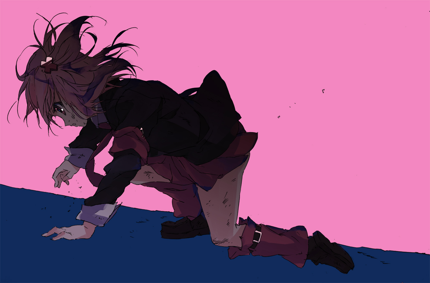 kitano yuusuke, hinamori amu, shugo chara!, plaid, injury, kneehighs, leg warmers, pink eyes, pink hair, school uniform, skirt, socks, solo