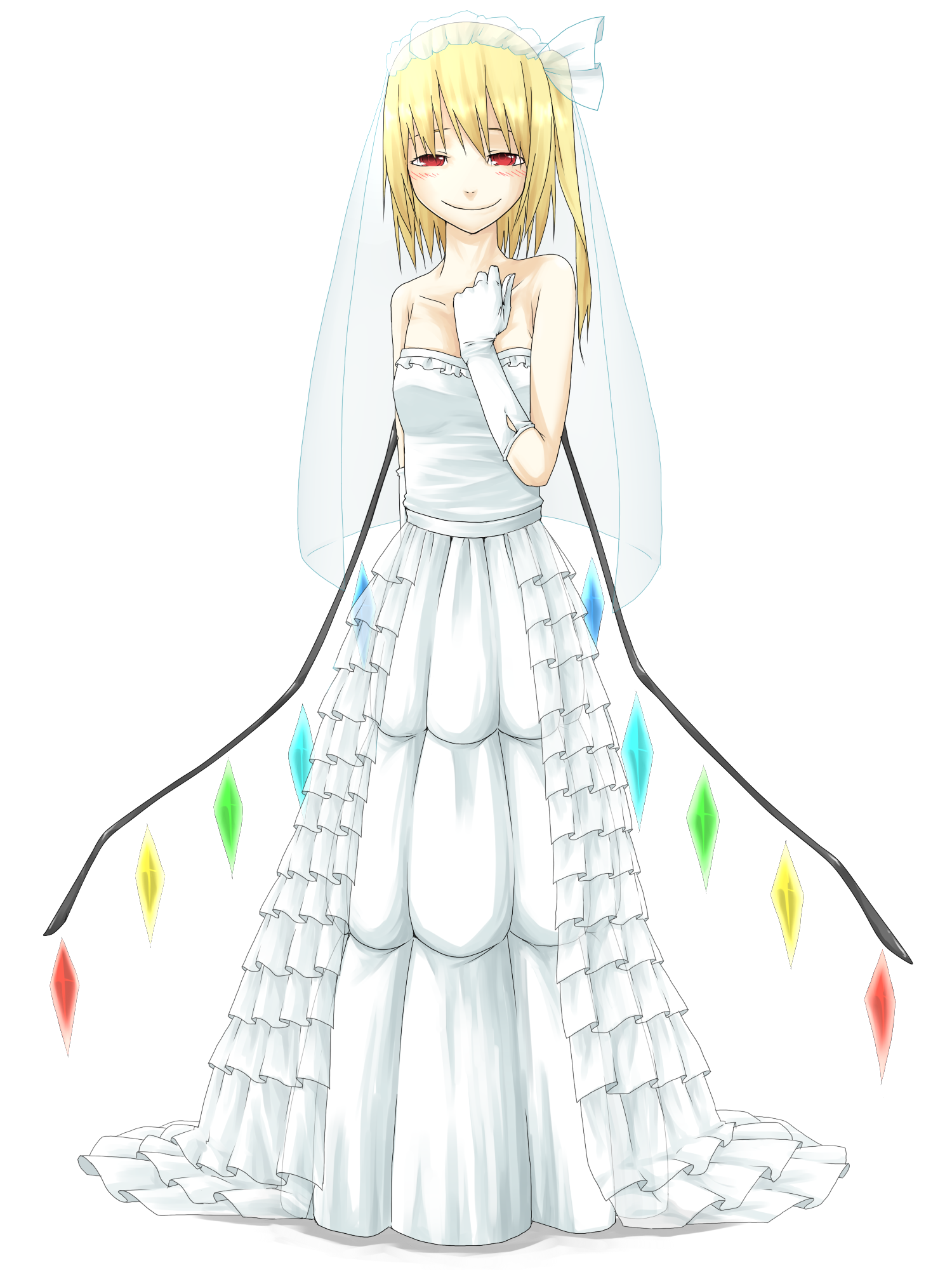 haruba negi, shiro negi, flandre scarlet, embodiment of scarlet devil, touhou, highres, 1girl, blonde hair, bridal veil, bride, dress, female focus, gloves, ponytail, red eyes, short hair, side ponytail, simple background, solo, veil, wedding dress, wings