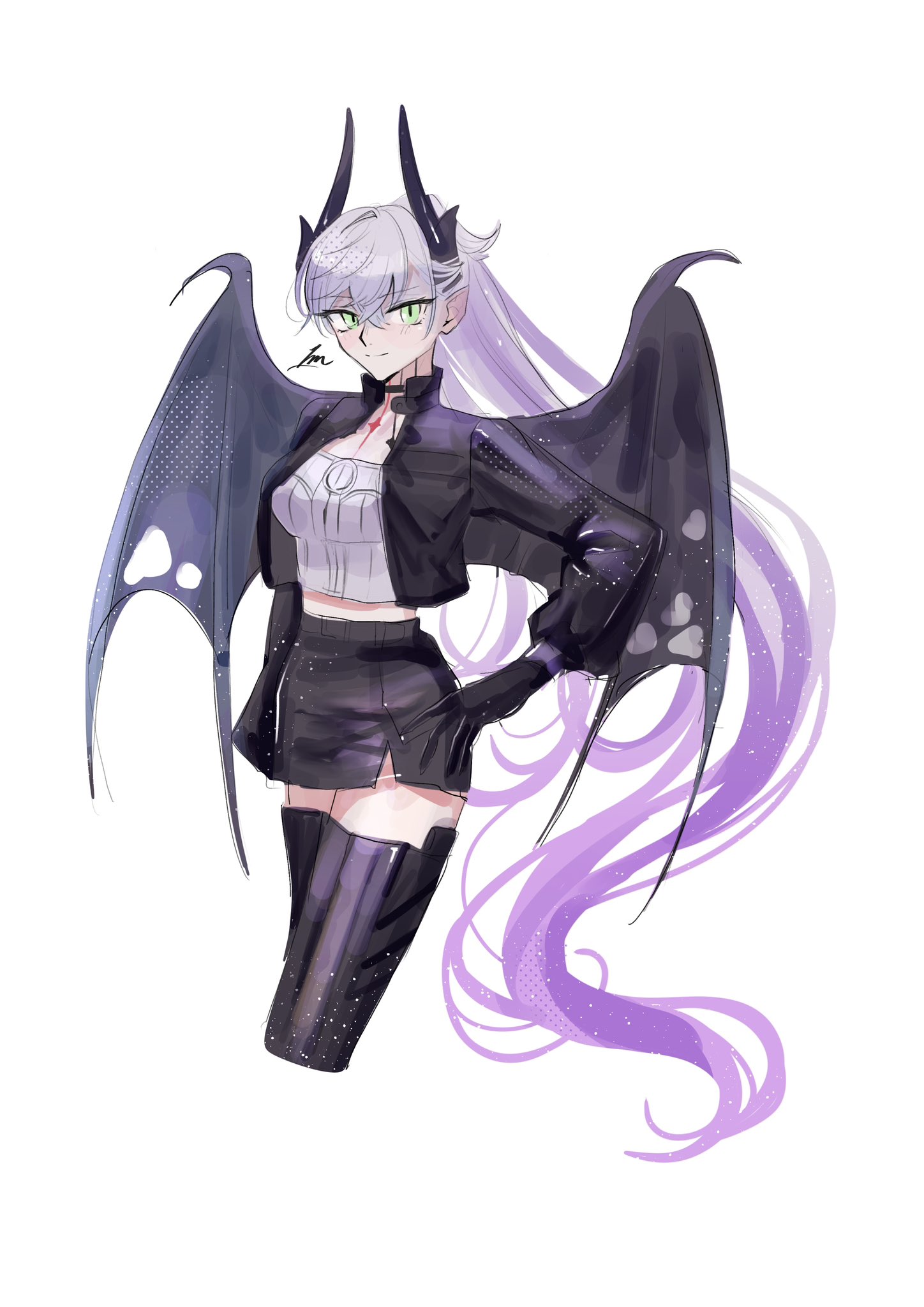 ichimichi 111, lilith (fate), fate/grand order, fate (series), highres, bat wings, black thighhighs, breasts, collarbone, demon horns, earrings, gradient hair, green eyes, hand on own hip, horns, jewelry, large breasts, lilith (over the same sky) (fate), looking at viewer, multicolored hair, neck tattoo, pencil skirt, pink hair, ponytail, single earring, skirt, tattoo, thighhighs, white hair, wings