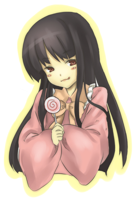 nidoro, houraisan kaguya, touhou, bad id, bad pixiv id, 1girl, :d, black hair, candy, female focus, food, lollipop, long hair, open mouth, red eyes, smile, solo, swirl lollipop