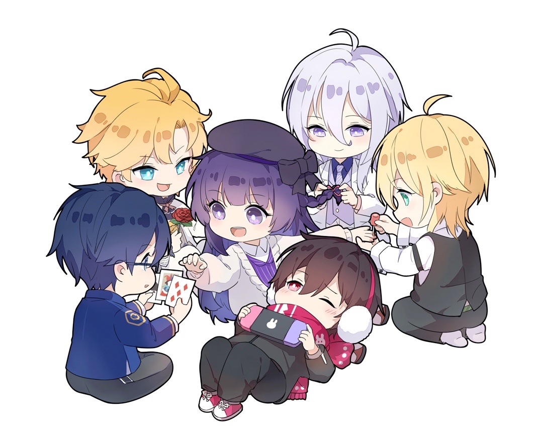 alkaid mcgrath, ayn alwyn, cael anselm, clarence clayden, heroine (lovebrush chronicles), lars rorschach, lovebrush chronicles, chinese commentary, 1girl, 5boys, :d, ahoge, animal print, applying another's manicure, applying manicure, aqua eyes, beret, black bow, black hair, black hat, black jacket, black pants, black shirt, black vest, blonde hair, blue eyes, blue hair, blue jacket, blush, bow, braid, braiding another's hair, braiding hair, brown shoes, cael anselm (everyday outfit), card, cardigan, center-flap bangs, chibi, chibi only, clarence clayden (everyday outfit), closed mouth, collared shirt, cosmetics, covered mouth, curtained hair, diagonal-striped clothes, diagonal-striped necktie, earmuffs, flower, formal clothes, full body, glasses, green eyes, hair between eyes, hairdressing, hat, hat bow, holding, holding card, holding flower, indian style, jacket, knees up, lap pillow, lapels, long bangs, long hair, long sleeves, looking at another, looking at object, looking to the side, lying, male harem, medium hair, multiple boys, nail polish, nail polish bottle, nail polish brush, neck ribbon, necktie, no shoes, notched lapels, on back, one eye closed, open cardigan, open clothes, open jacket, open mouth, painting nails, pants, parted lips, pinstripe pattern, pinstripe vest, playing card, purple eyes, purple hair, purple necktie, purple shirt, purple vest, rabbit print, reaching, red eyes, red flower, red rose, red scarf, red shoes, red skirt, ribbon, rose, scarf, scarf over mouth, seiza, shhuii, shirt, shoes, short hair, side braid, simple background, sitting, skirt, sleeve garter, smile, sneakers, socks, striped clothes, suit, v-shaped eyebrows, vest, white background, white cardigan, white hair, white jacket, white pants, white shirt, white socks, white suit