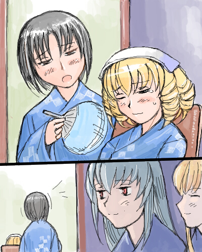 tsuda nanafushi, hinaichigo, kashiwaba tomoe, shinku, suigintou, rozen maiden, silver hair, lowres, 00s, aged up, black hair, blonde hair, red eyes, short hair