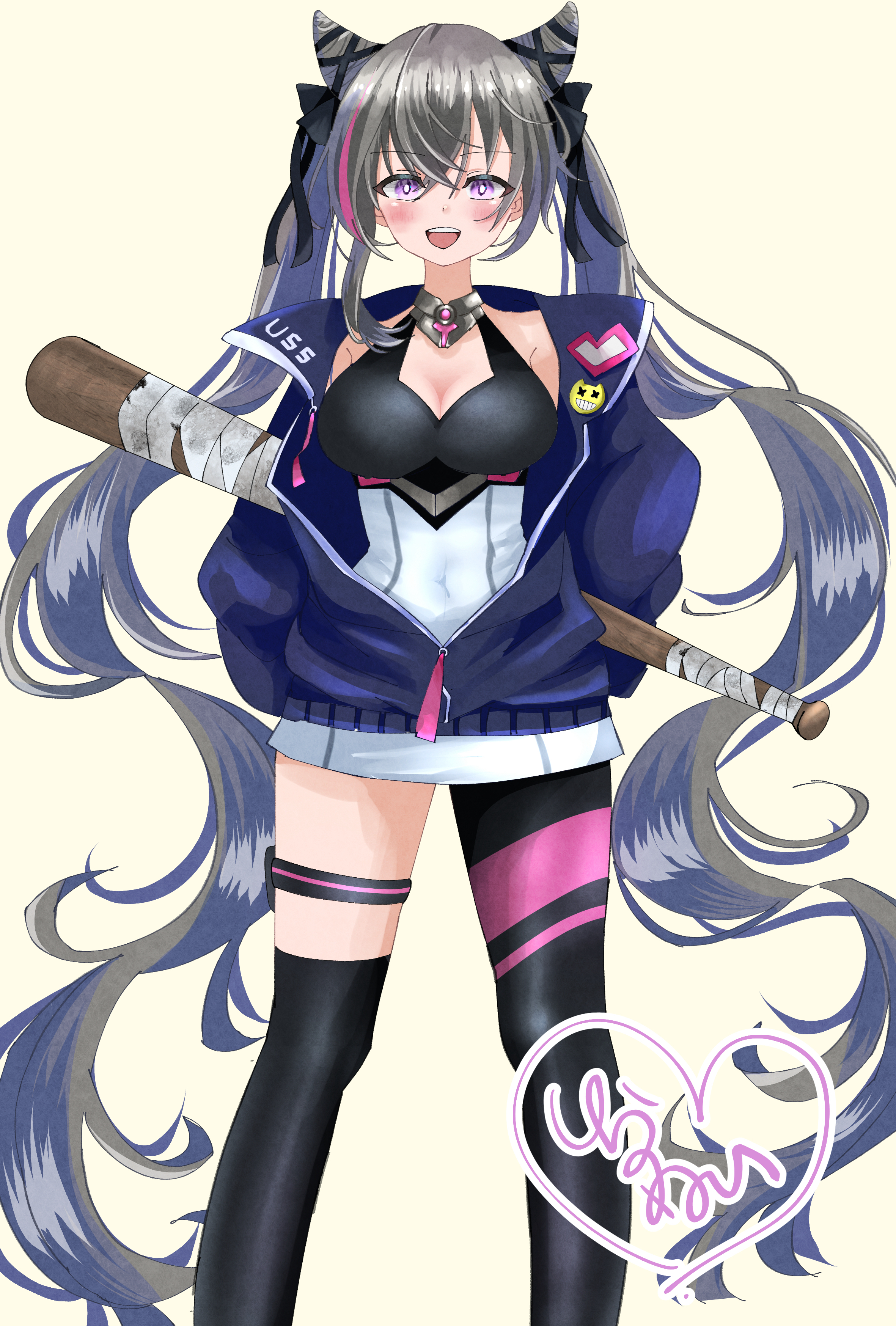 shiranuinuiko, san francisco (azur lane), azur lane, absurdres, highres, 1girl, :d, asymmetrical legwear, baseball bat, black ribbon, black thighhighs, blue jacket, blush, breasts, cleavage, cone hair bun, covered navel, double bun, grey hair, hair bun, hair ribbon, jacket, large breasts, long hair, looking at viewer, multicolored hair, open mouth, pink hair, pink streaks, purple eyes, ribbon, signature, single thighhigh, smile, solo, streaked hair, thighhighs, twintails, very long hair