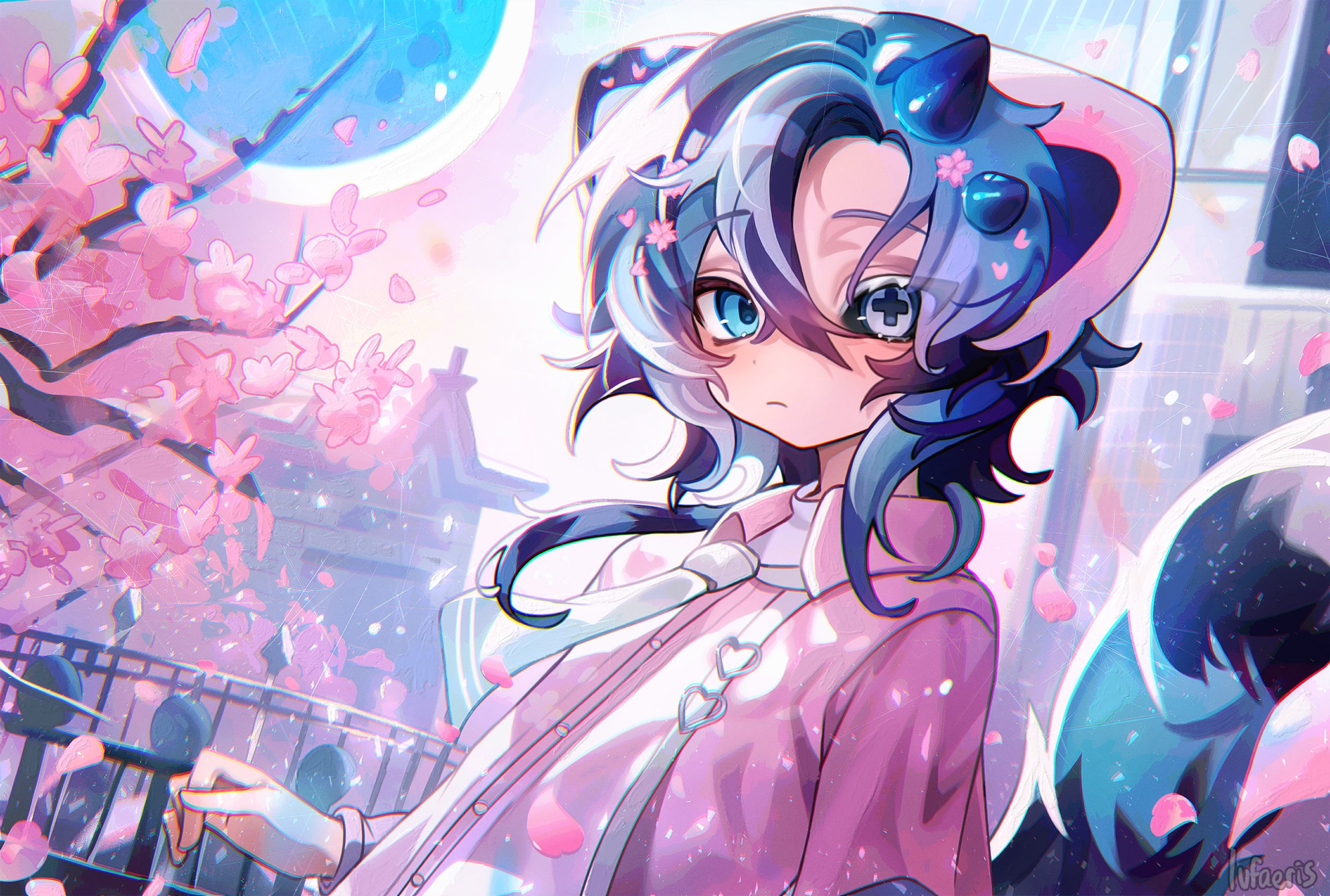 cloud (lufaeris), original, commentary, commission, english commentary, highres, vgen commission, 1girl, animal ears, black eyes, blue eyes, blue hair, closed mouth, flower, hair between eyes, heterochromia, horns, jacket, long sleeves, looking at viewer, medium hair, outdoors, petals, pink flower, pink jacket, solo, tail, upper body