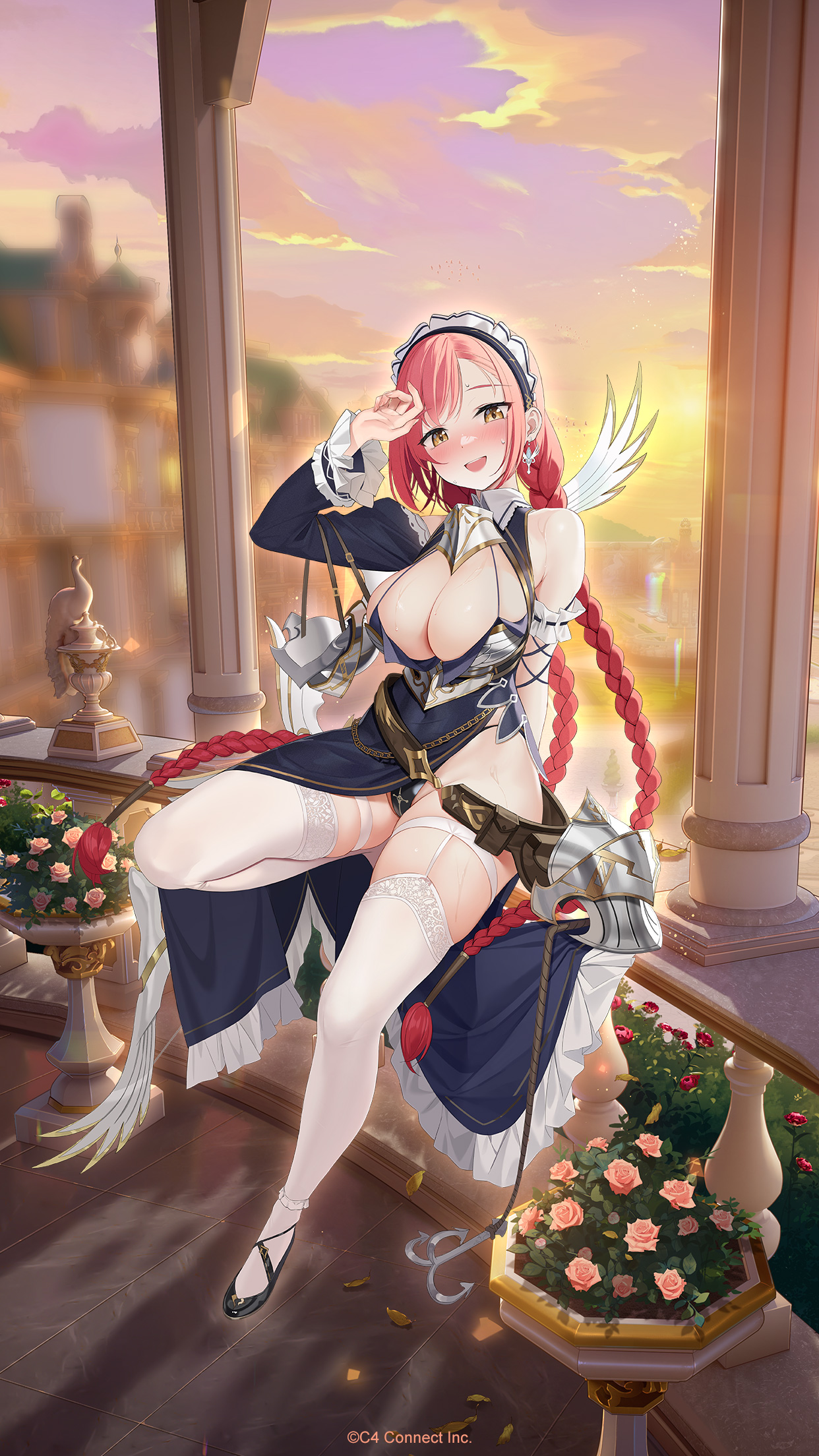 houchi shoujo, character request, highres, official art, 1girl, :d, black shoes, blush, braid, breasts, earrings, fingernails, flower, frills, full body, hand up, jewelry, large breasts, leaf, long hair, maid headdress, open mouth, pink flower, pink hair, plant, rose, rose bush, shoes, sitting, small sweatdrop, smile, solo, statue, sweat, thighhighs, twin braids, unworn armor, very long hair, white thighhighs, yellow background, yellow eyes