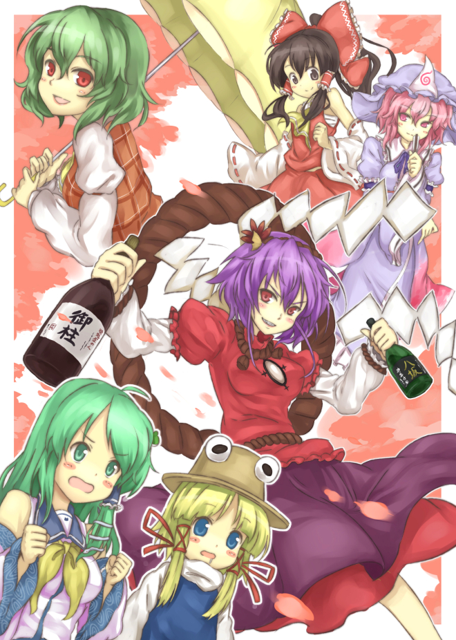 nidoro, hakurei reimu, kazami yuuka, kochiya sanae, moriya suwako, saigyouji yuyuko, yasaka kanako, touhou, bad id, bad pixiv id, 6+girls, alcohol, ascot, blush stickers, bottle, bow, detached sleeves, drooling, female focus, green hair, hair bow, hair tubes, multiple girls, parasol, plaid clothes, plaid vest, red eyes, rope, sake, shimenawa, short hair, smile, umbrella, vest