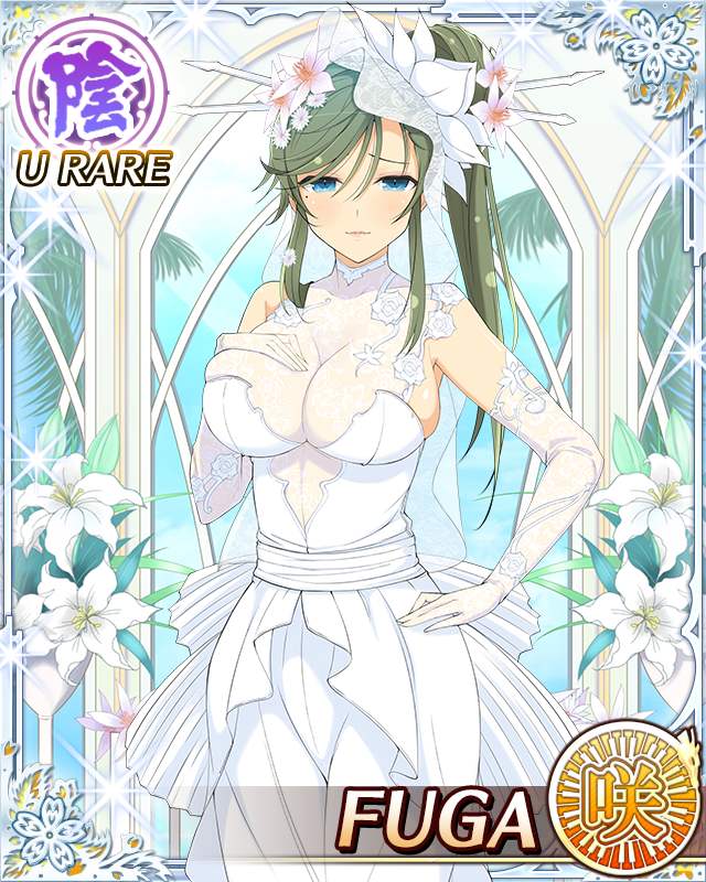 fuga (senran kagura), senran kagura, senran kagura new wave, game cg, official art, 1girl, blue eyes, border, breasts, bridal veil, bride, card (medium), character name, cleavage, closed mouth, dress, elbow gloves, english text, flower, gloves, green hair, hair flower, hair ornament, hand on own chest, hand on own hip, high side ponytail, large breasts, lily (flower), long hair, looking at viewer, mole, mole under eye, official alternate costume, official alternate hairstyle, skindentation, smile, solo, swept bangs, veil, wedding, wedding dress, white dress, white flower, white gloves