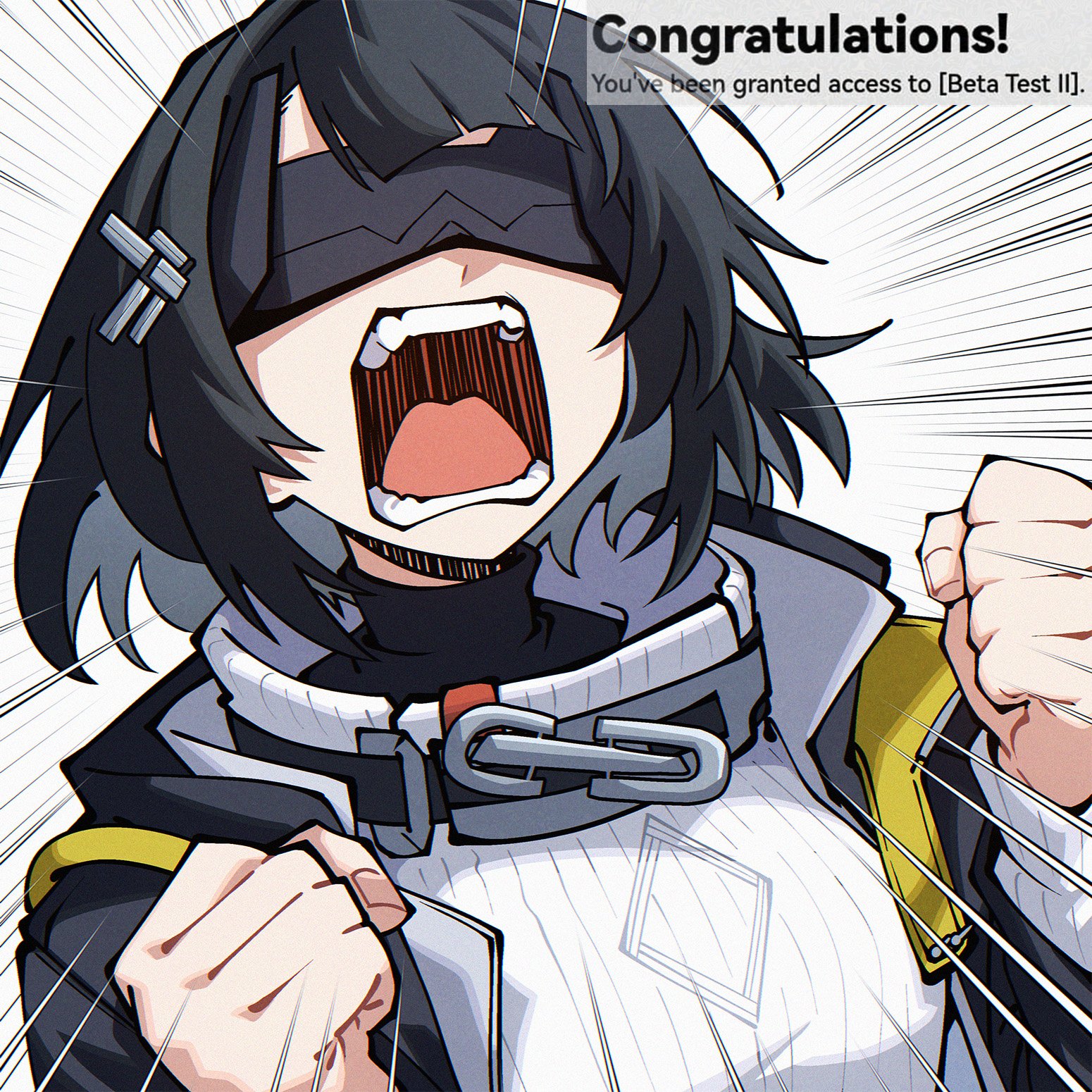 dryegen, endministrator (arknights), female endministrator (arknights), arknights, arknights: endfield, facing up, commentary, english commentary, highres, 1girl, black hair, black jacket, black visor, clenched hands, emphasis lines, english text, jacket, open mouth, short hair, solo, sweater, upper body, white sweater