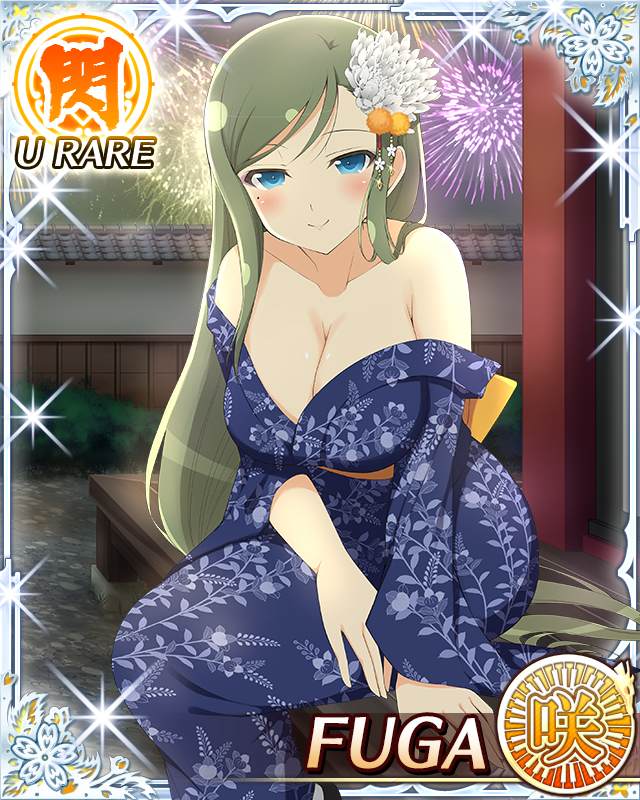 fuga (senran kagura), senran kagura, senran kagura new wave, game cg, official art, 1girl, aerial fireworks, architecture, blue eyes, blue kimono, blush, border, breasts, card (medium), character name, cleavage, closed mouth, east asian architecture, english text, fireworks, floral print, floral print kimono, flower, green hair, hair flower, hair ornament, japanese clothes, kimono, large breasts, leaning forward, long hair, low neckline, mole, mole under eye, night, night sky, official alternate costume, pov dating, print kimono, sitting, sky, smile, solo, swept bangs