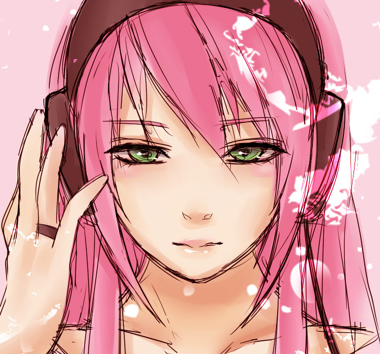 kior, megurine luka, vocaloid, bad id, bad pixiv id, 1girl, asymmetrical bangs, bare shoulders, closed mouth, collarbone, expressionless, female focus, green eyes, headphones, jewelry, lips, long hair, looking at viewer, pink background, pink hair, portrait, ring, simple background, sketch, solo