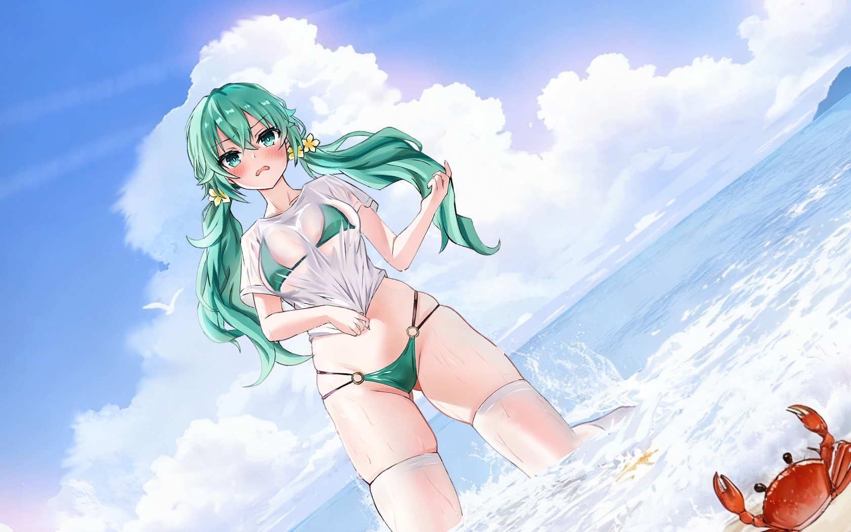 itsuka kotori, kyouno natsumi, azur lane, date a live, highres, 1girl, beach, bikini, blue sky, blush, breasts, cloud, cosplay, crab, gluteal fold, green bikini, green eyes, green hair, groin, itsuka kotori (cosplay), itsuka kotori (waterside goddess), liranxisn, long hair, looking at viewer, low twintails, medium breasts, multi-strapped bikini bottom, o-ring, o-ring bikini, ocean, outdoors, sand, shirt, short sleeves, sky, solo, swimsuit, thighhighs, twintails, wet, wet clothes, wet shirt, white shirt, white thighhighs