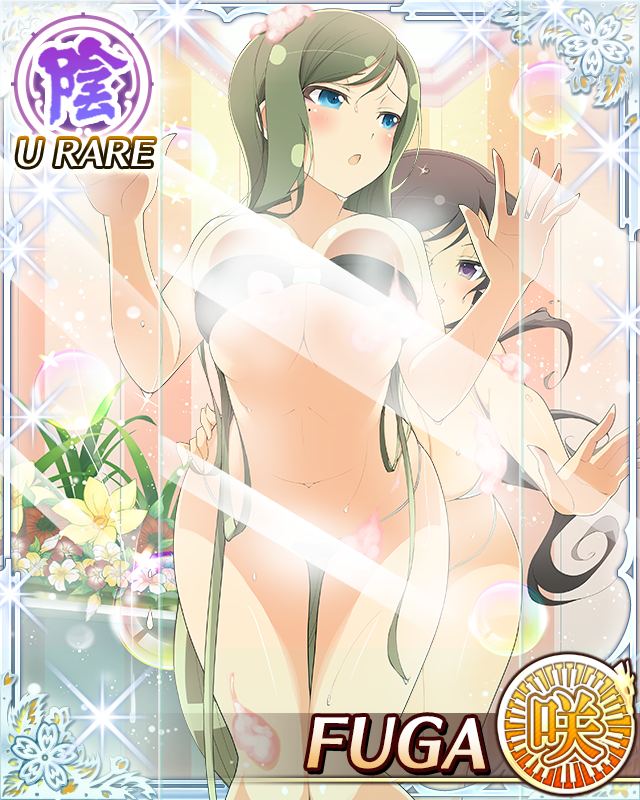 aria (senran kagura), fuga (senran kagura), senran kagura, senran kagura new wave, game cg, official art, 2girls, :o, against glass, bikini, black bikini, black hair, blue eyes, blush, border, breast press, breasts, breasts on glass, card (medium), character name, cleavage, cleavage cutout, clothing cutout, convenient censoring, english text, green hair, hand on another's waist, large breasts, long hair, looking back, mole, mole under eye, multiple girls, navel, official alternate costume, purple eyes, smile, soap bubbles, soap censor, solo focus, strapless, strapless bikini, swept bangs, swimsuit, yuri